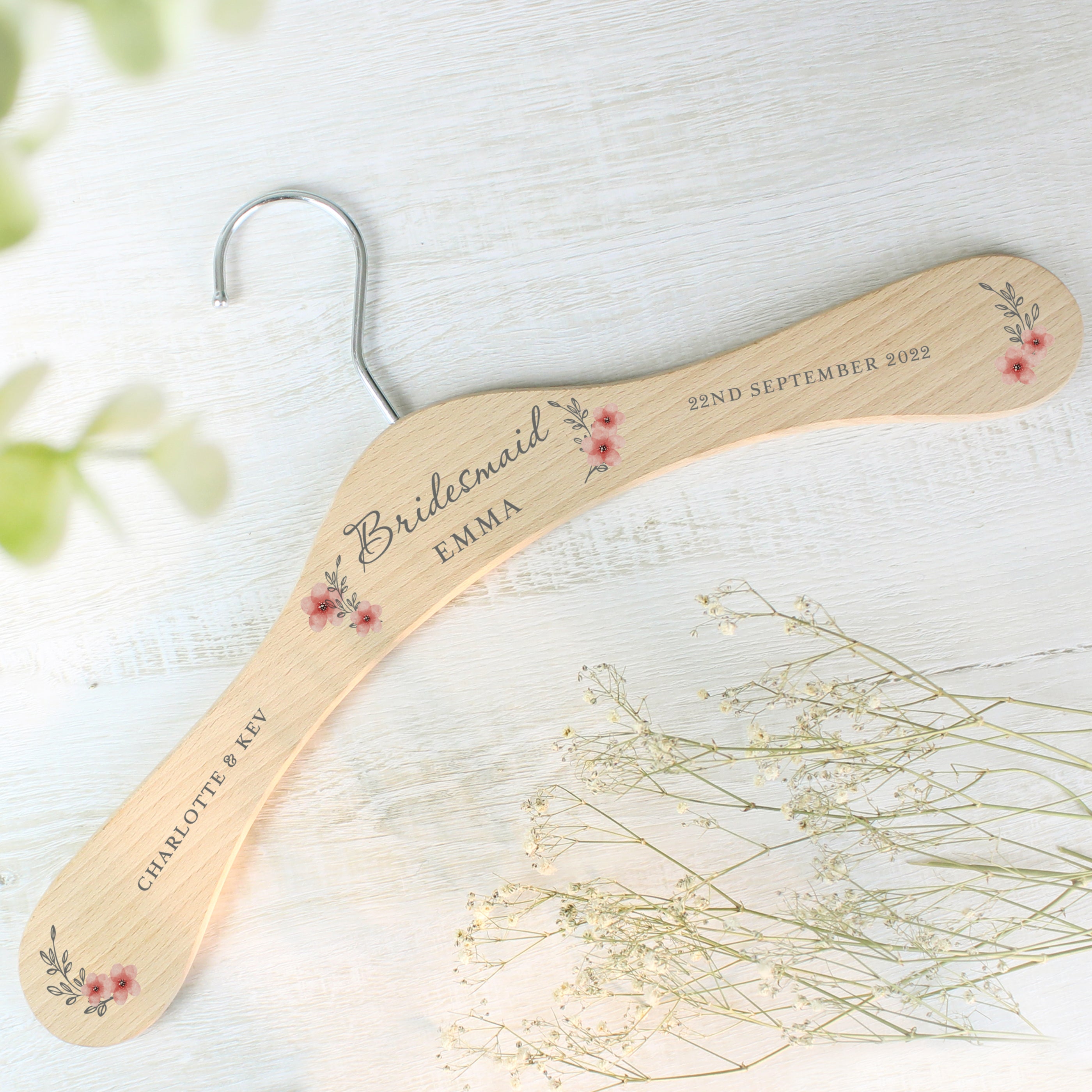 Personalised Pink Floral Wooden Hanger