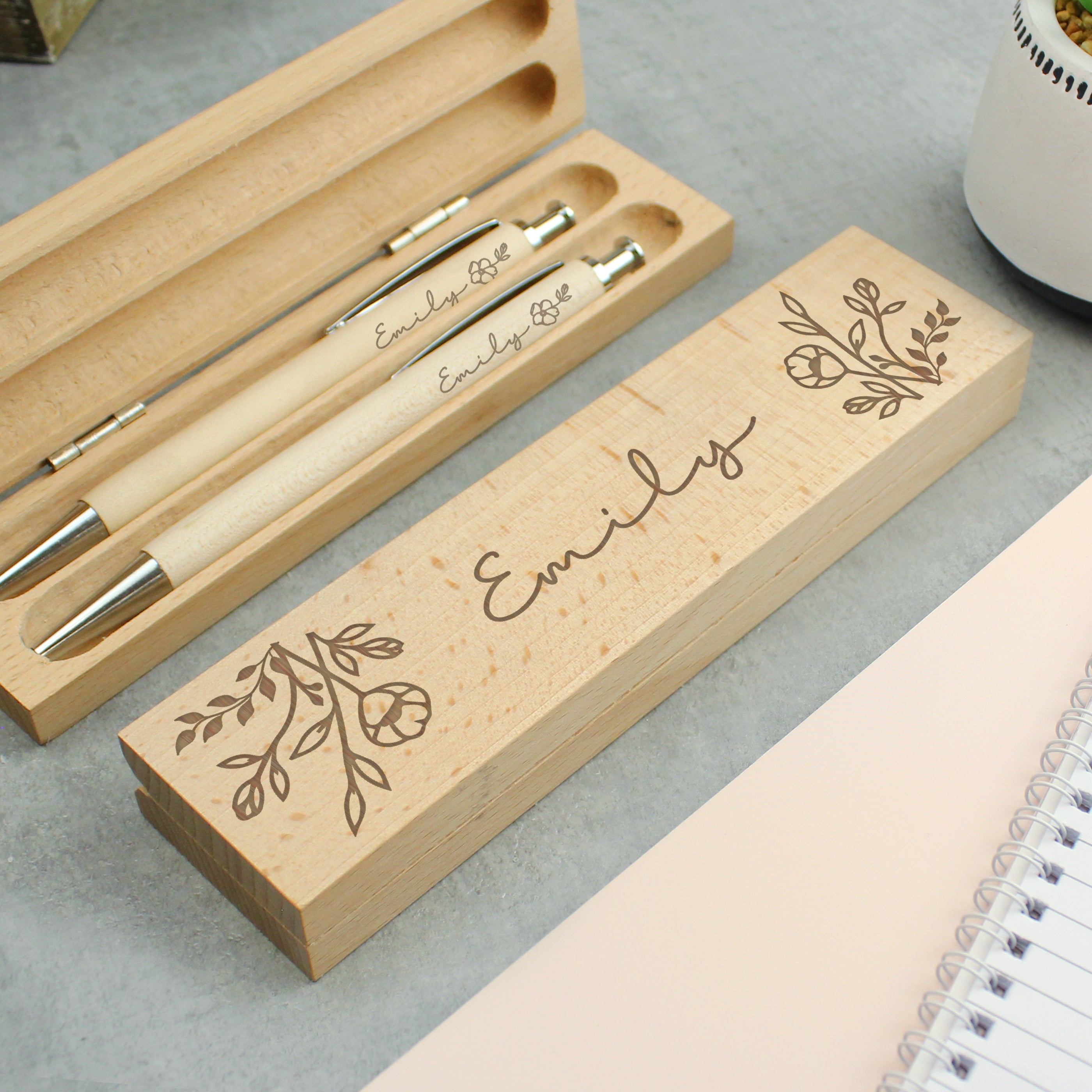 Personalised Floral Wooden Pen and Pencil Set