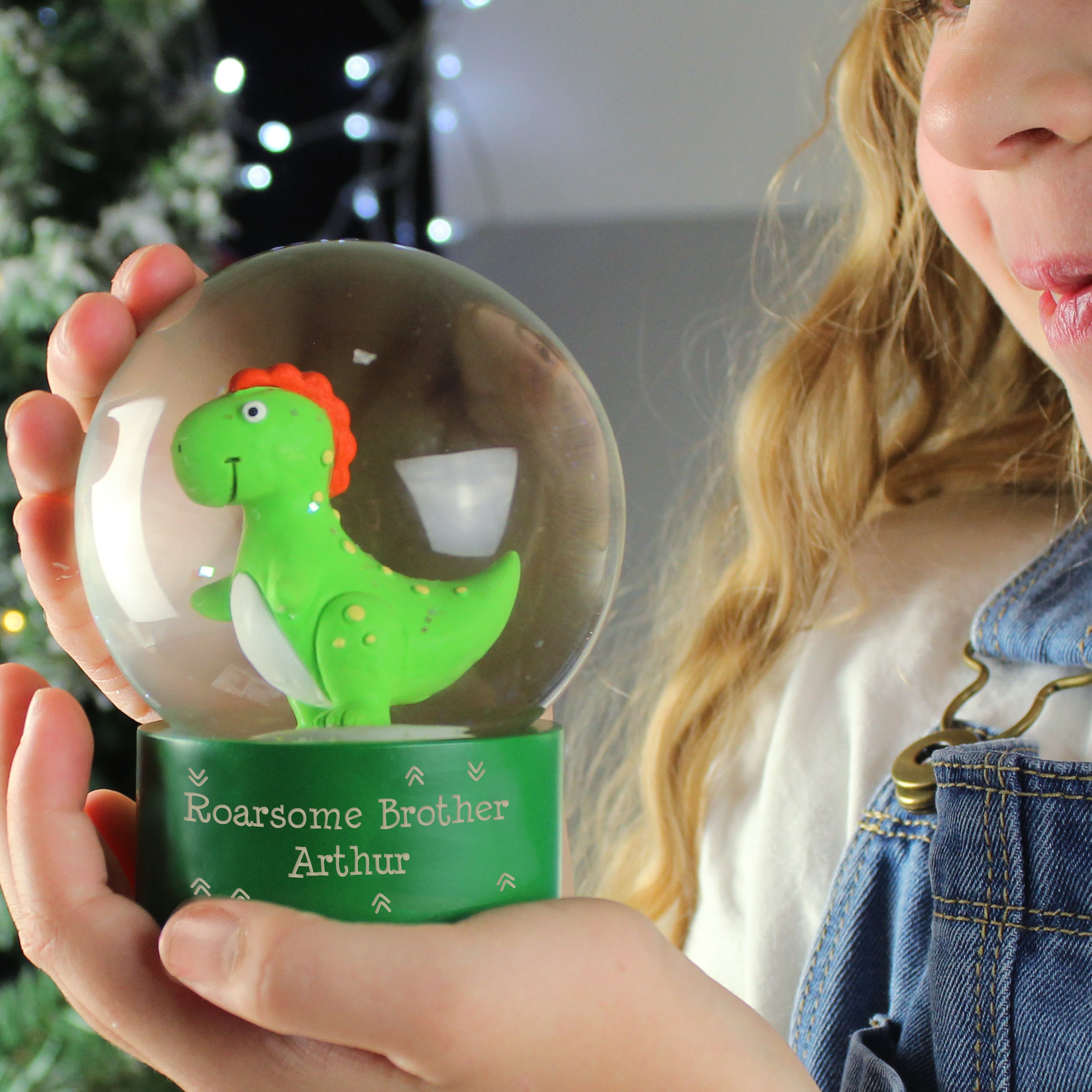 Personalised Message Dinosaur Glitter Snow Globe