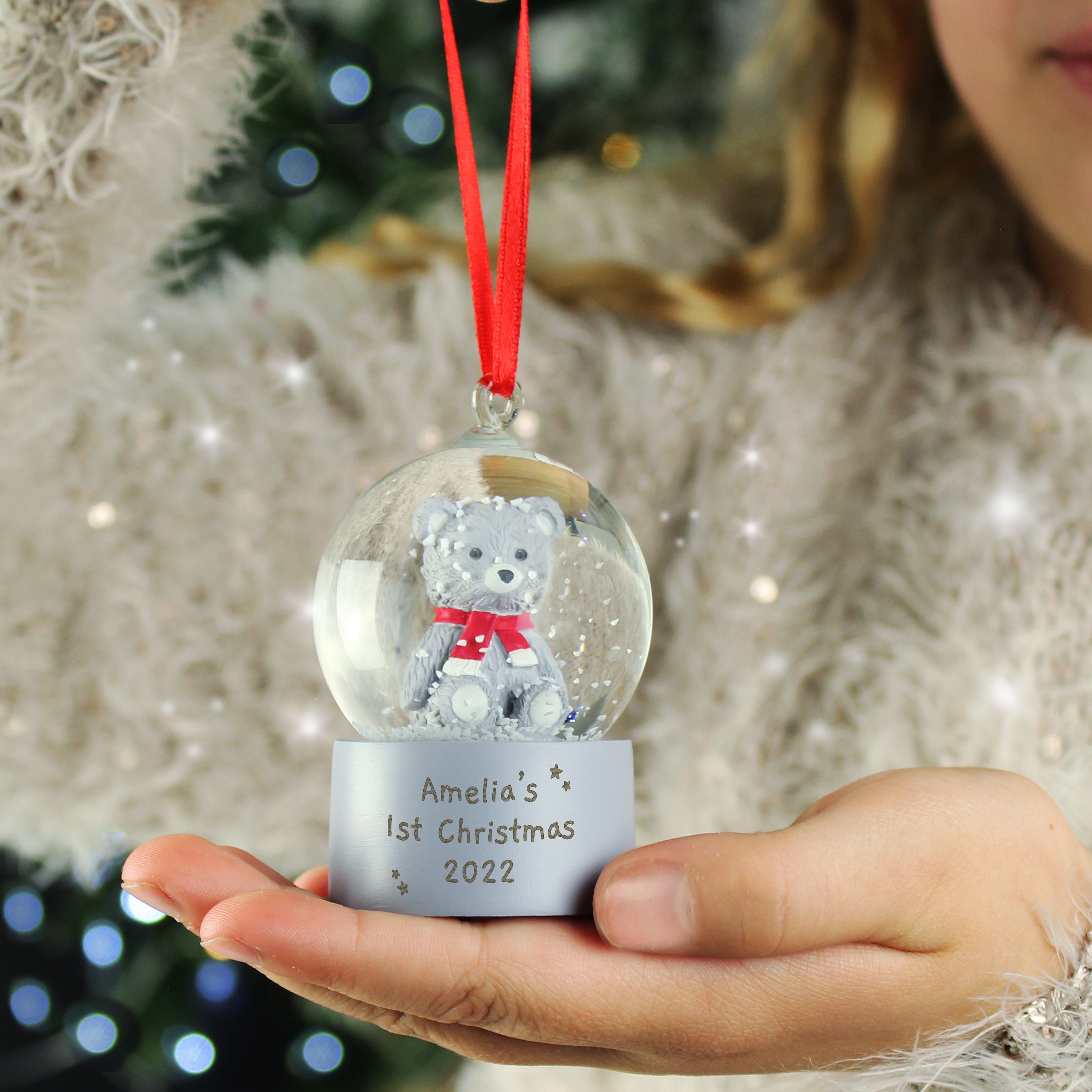 Personalised Message Teddy Bear Glitter Snow Globe Tree Decoration