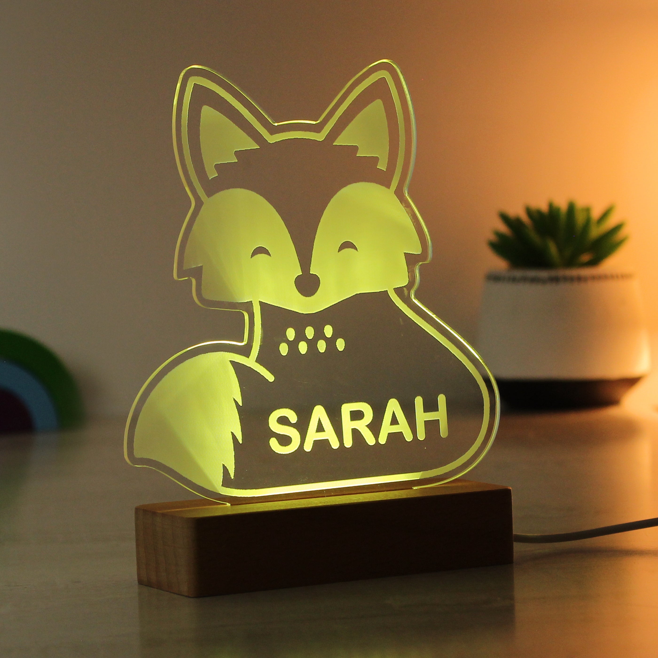 Personalised Fox Wooden Based LED Light