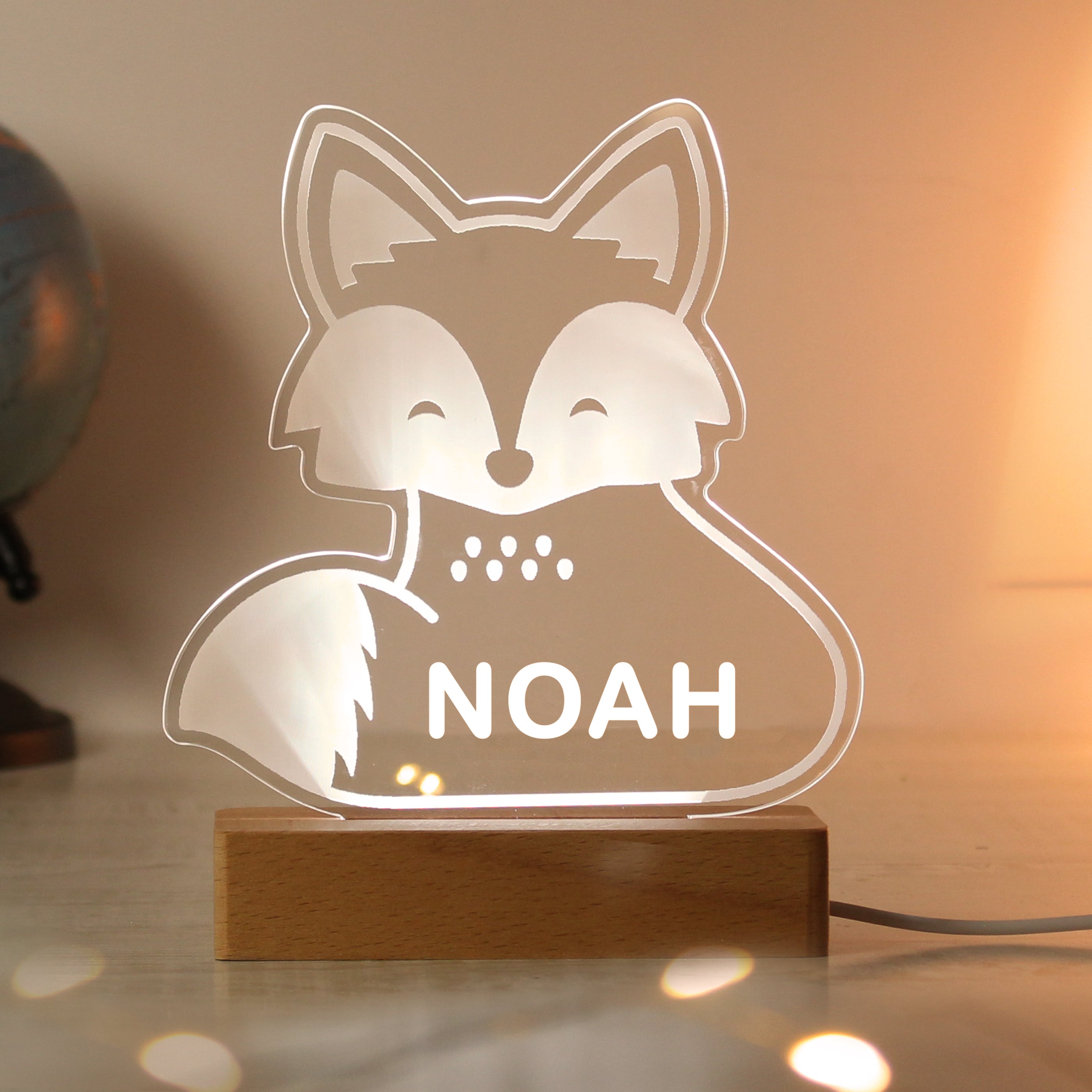 Personalised Fox Wooden Based LED Light