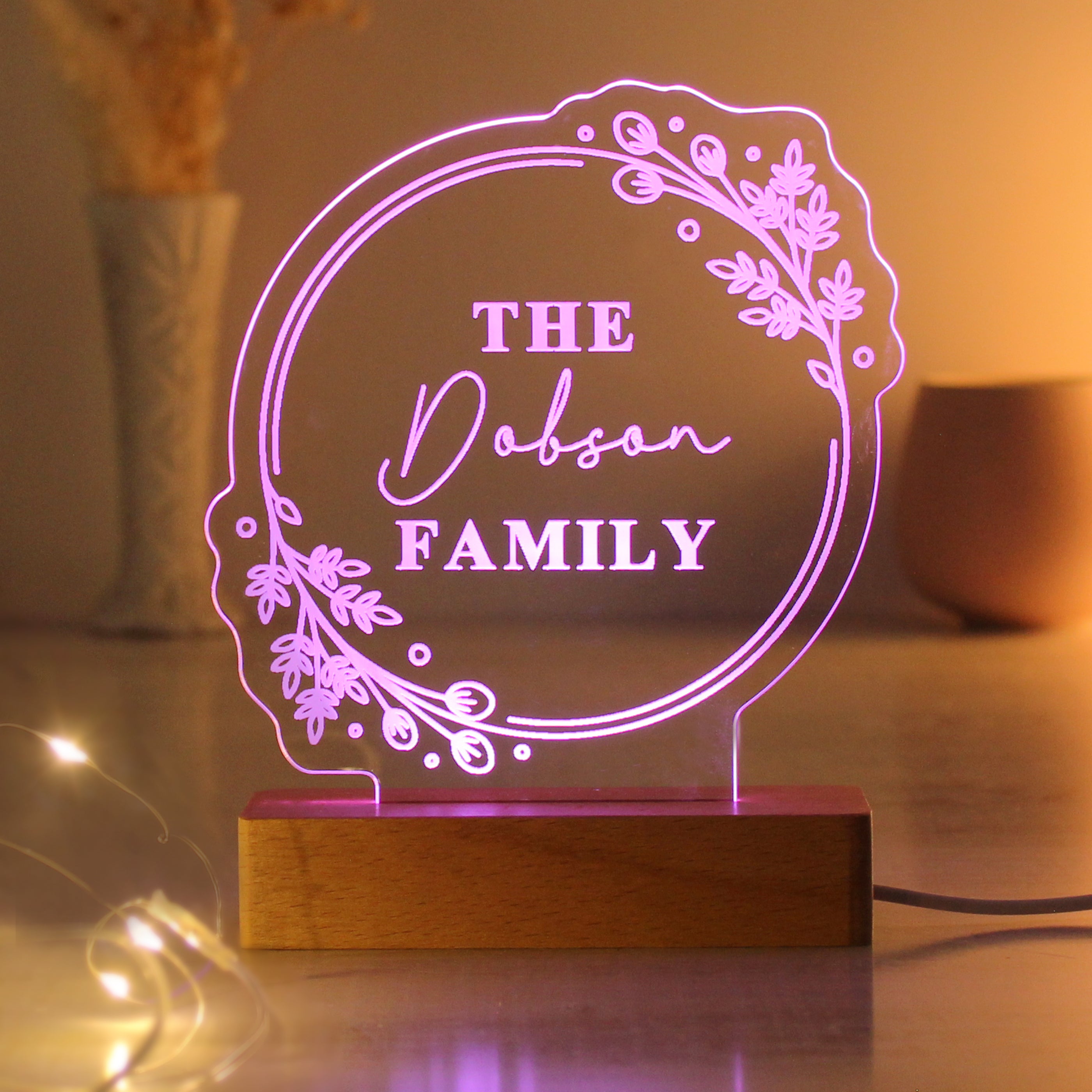 Personalised Floral Wooden Based LED Light