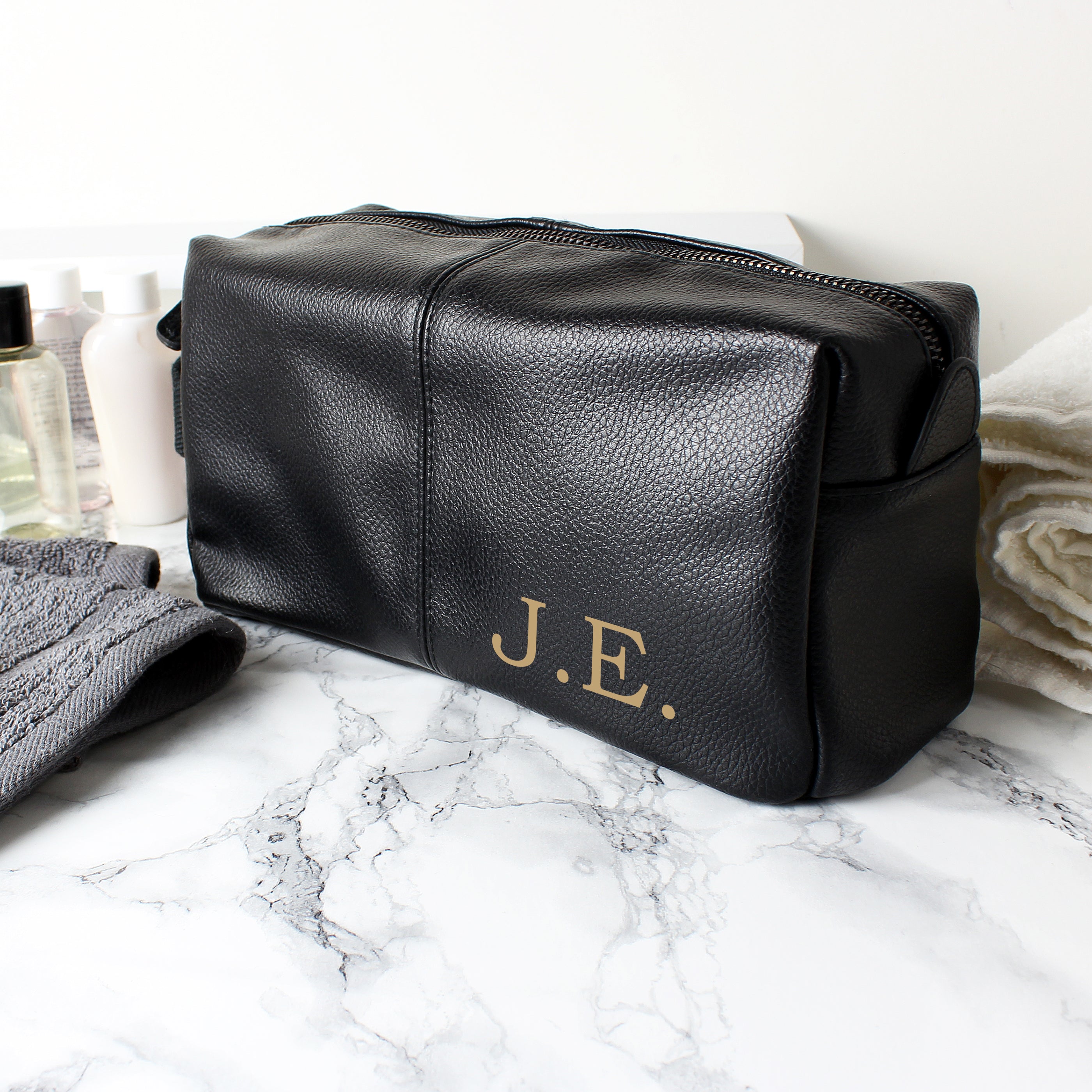 Personalised Luxury Initials Black leatherette Wash Bag