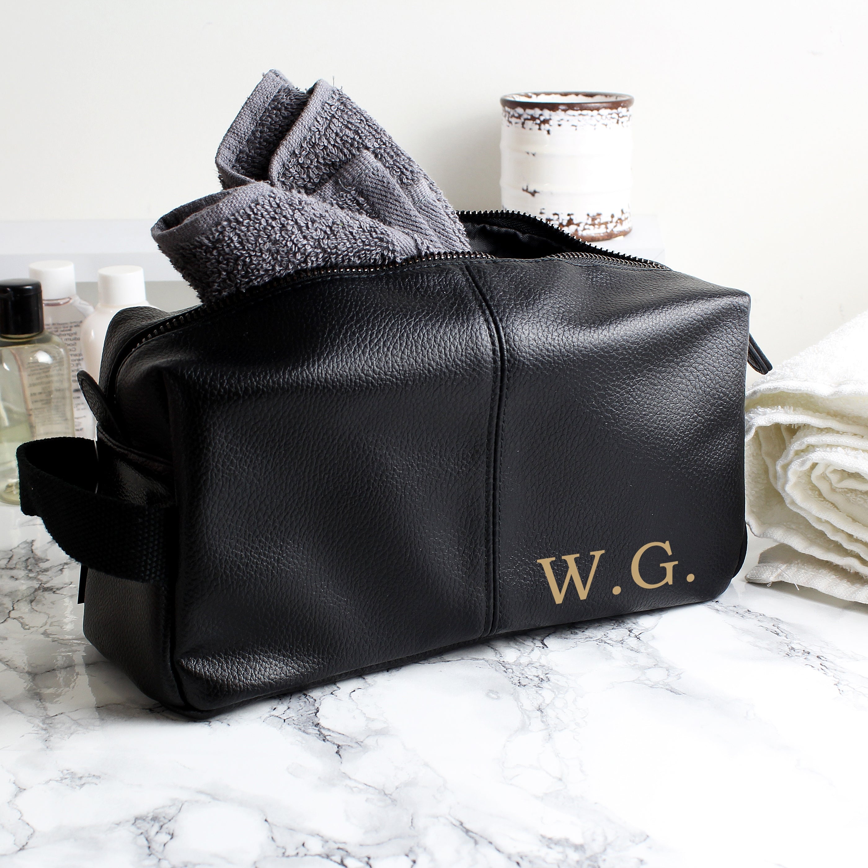 Personalised Luxury Initials Black leatherette Wash Bag