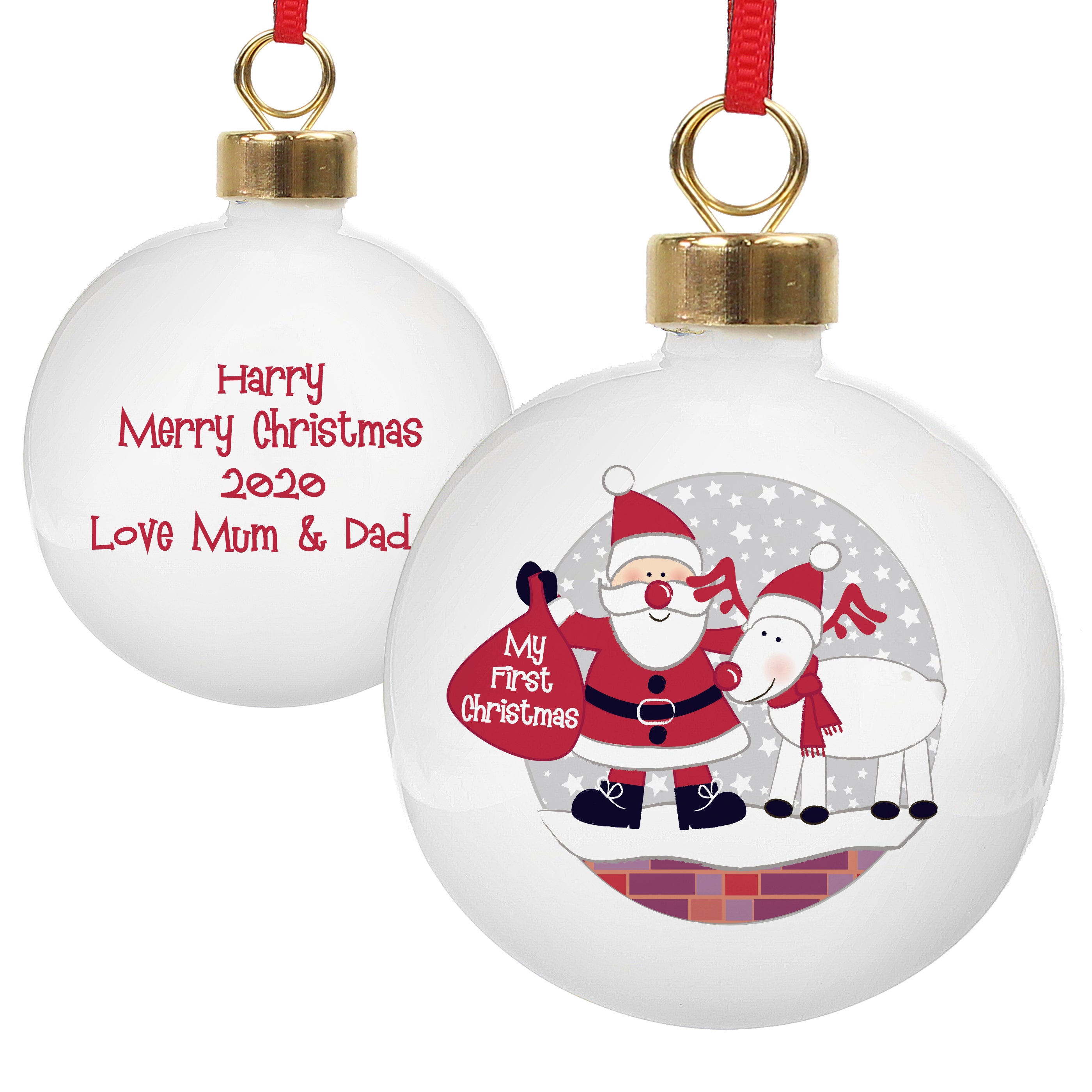 Personalised Rooftop Santa First Christmas Bauble