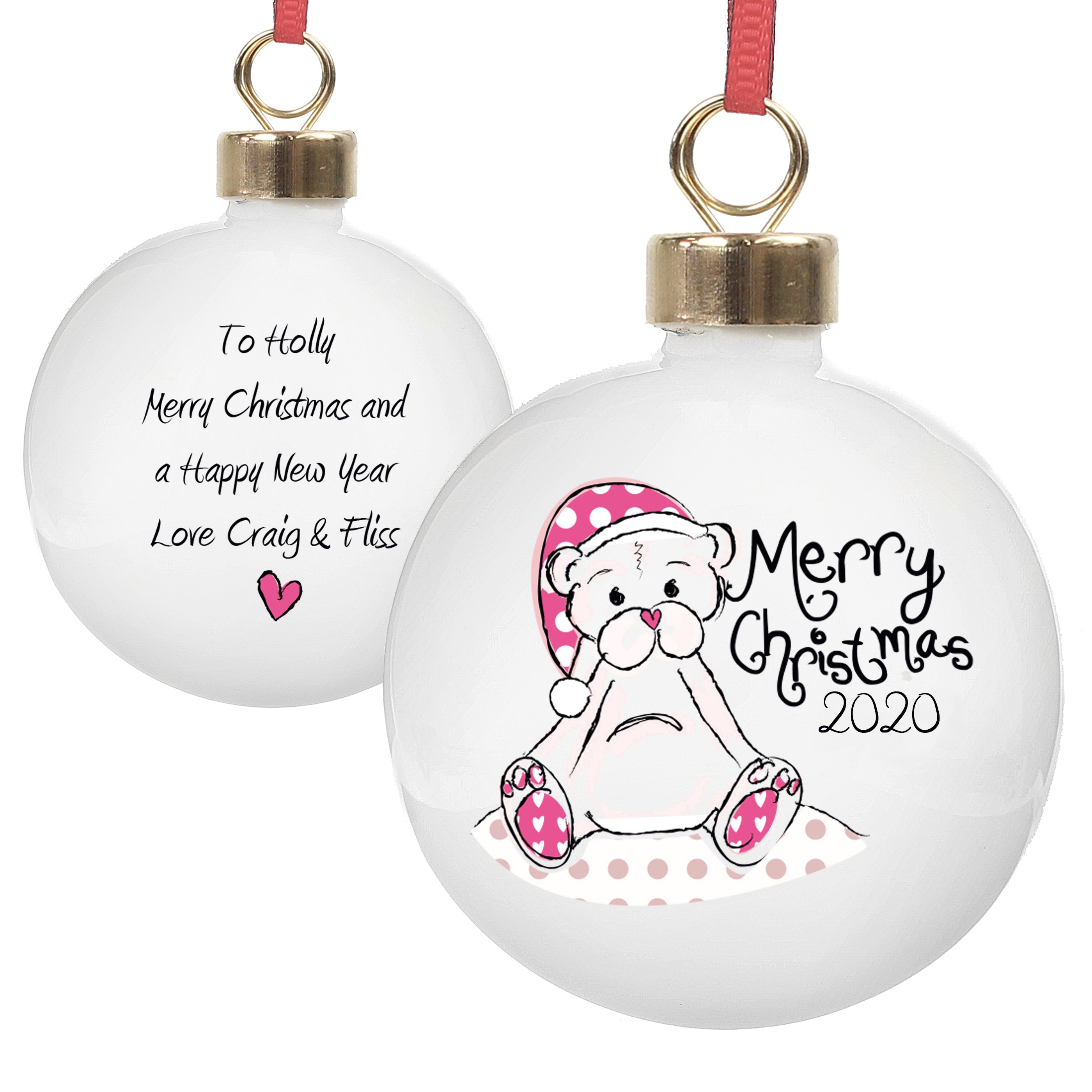 Personalised Cute Teddy Merry Xmas Bauble