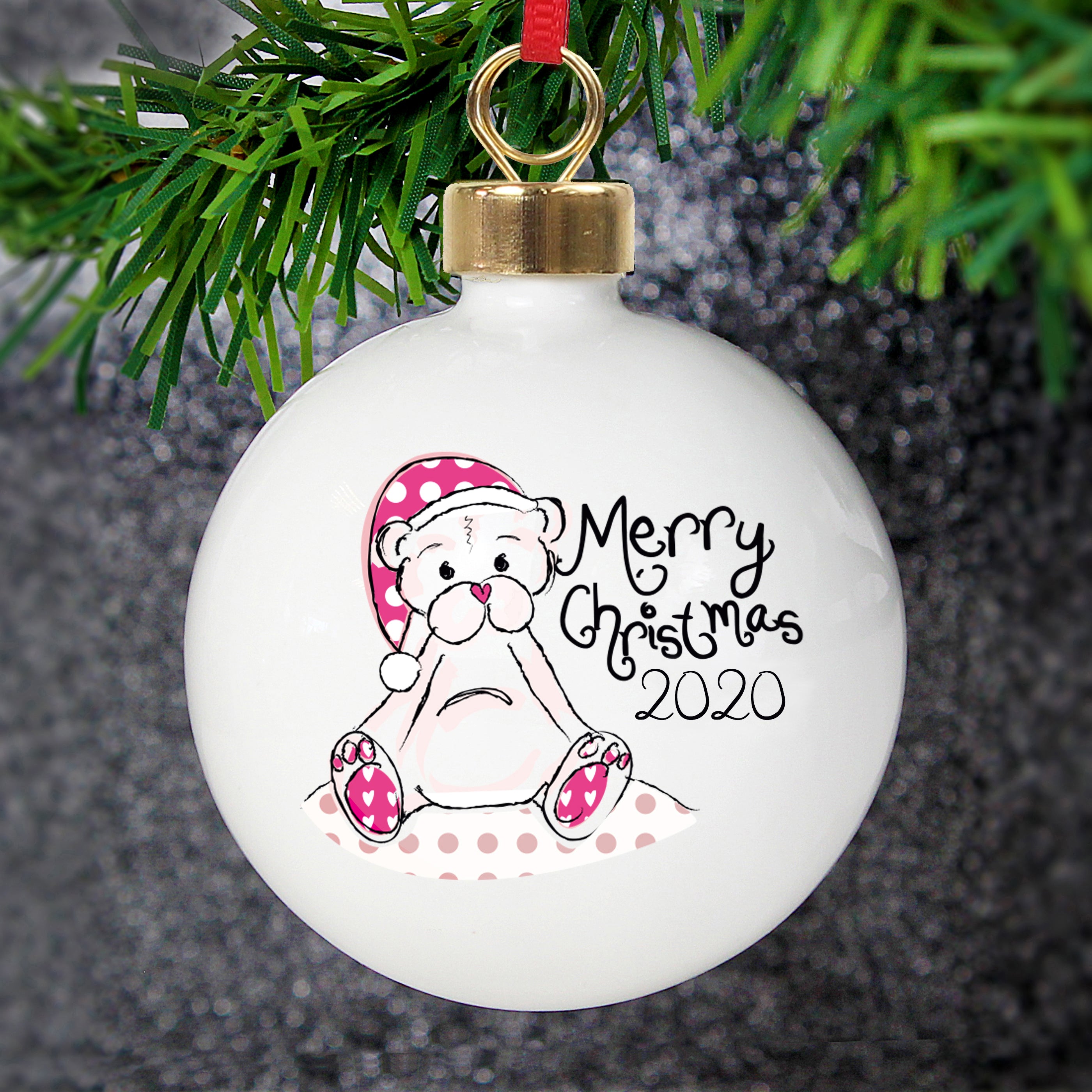 Personalised Cute Teddy Merry Xmas Bauble