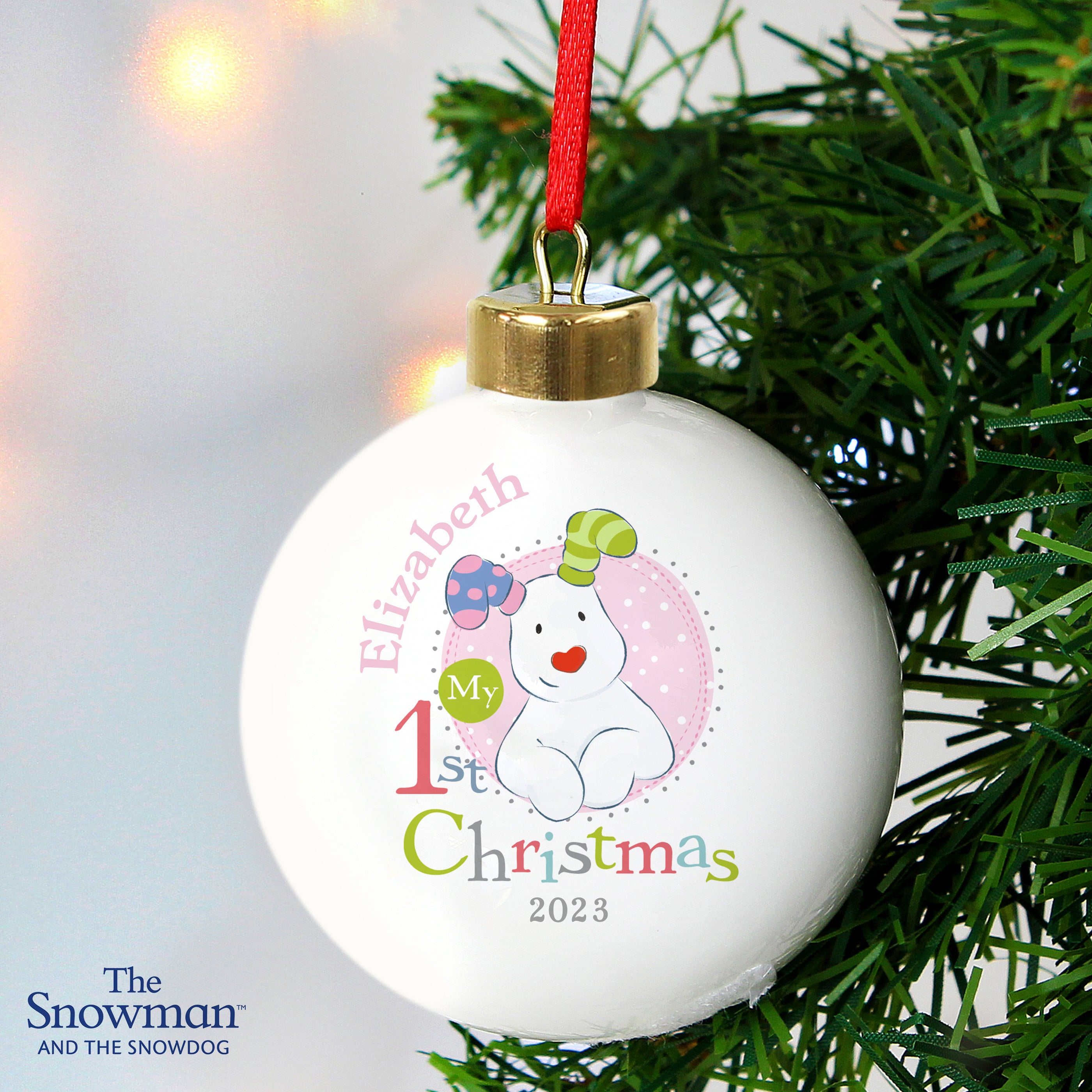 Personalised The Snowman and the Snowdog My 1st Christmas Pink Bauble