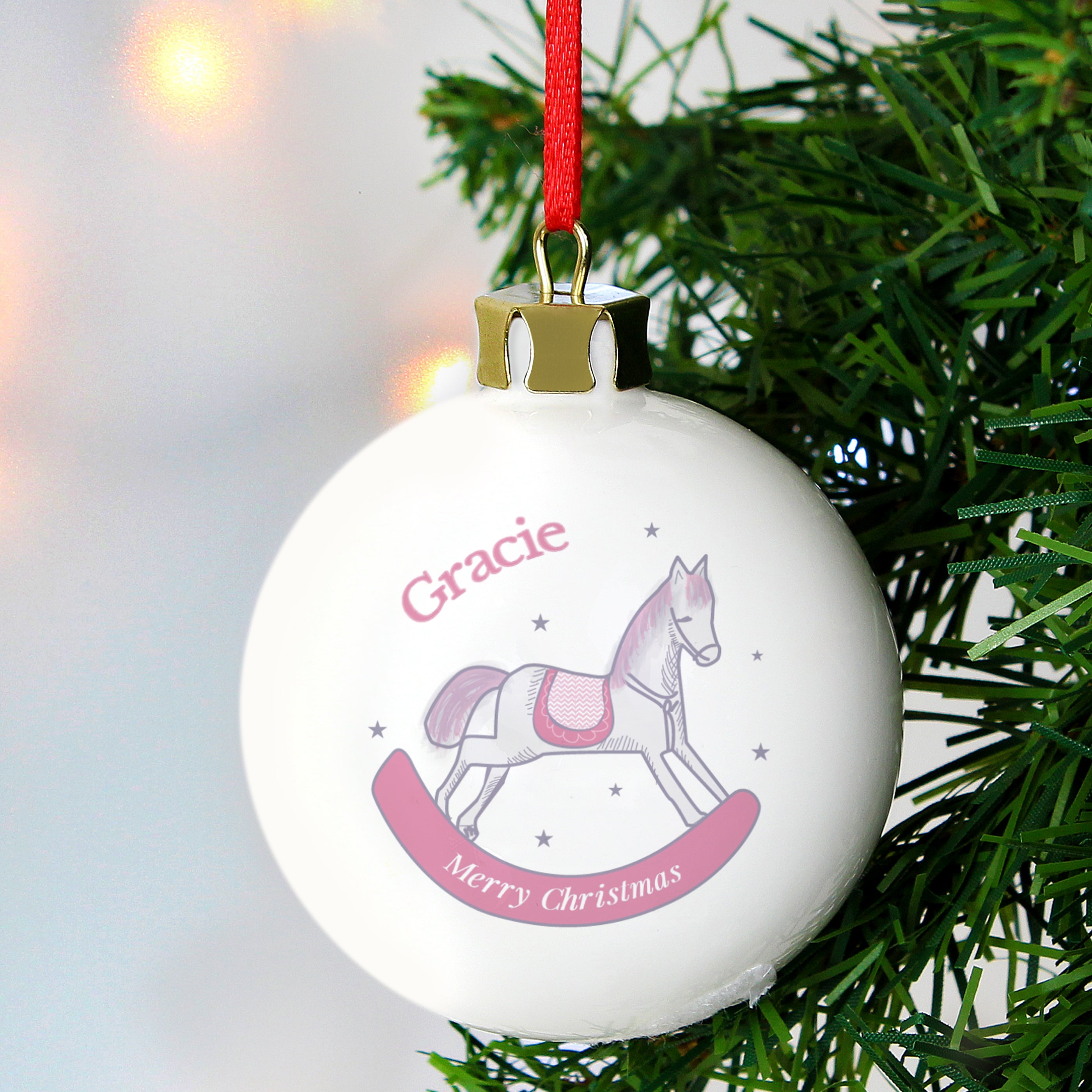 Personalised 1st Christmas Pink Rocking Horse Bauble