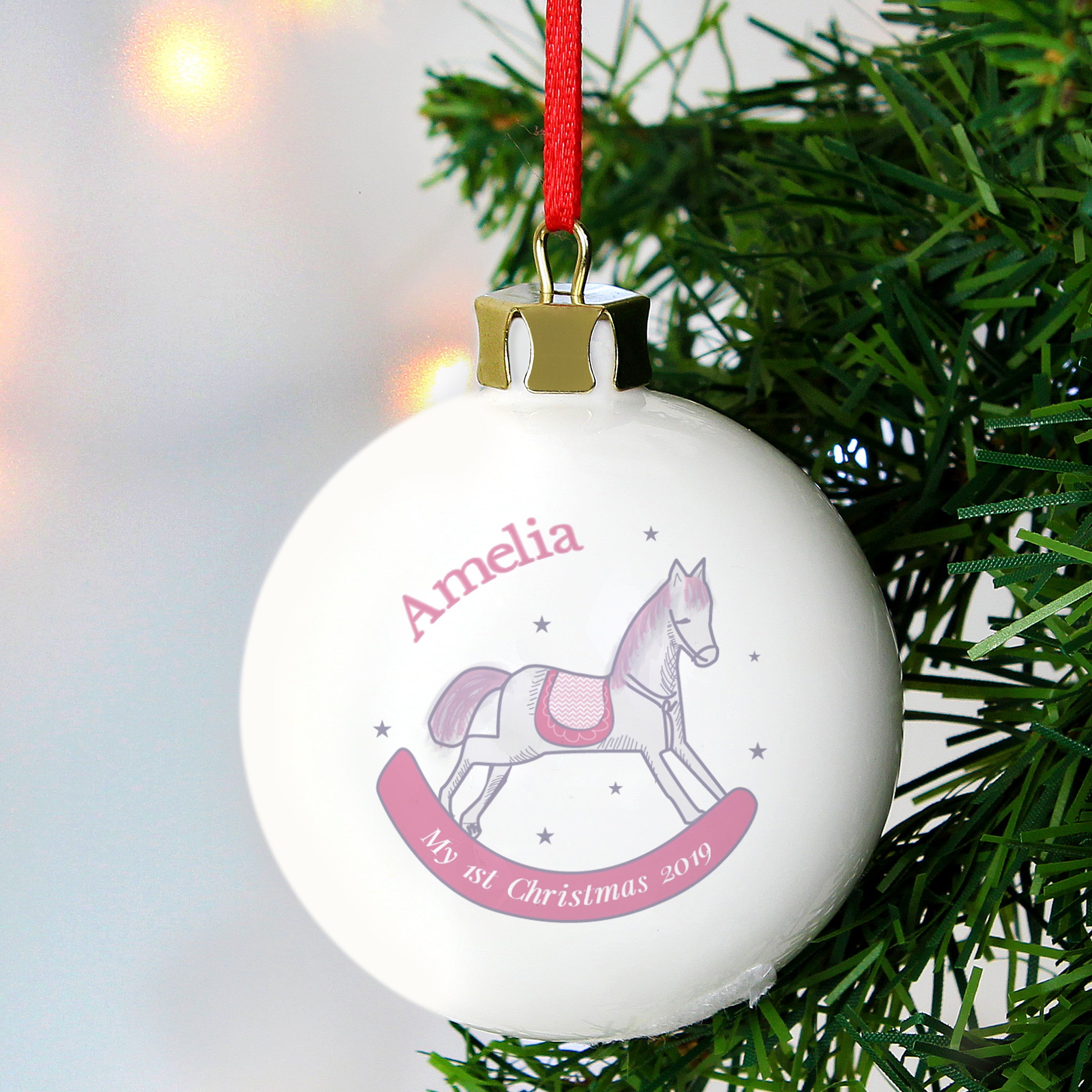 Personalised 1st Christmas Pink Rocking Horse Bauble