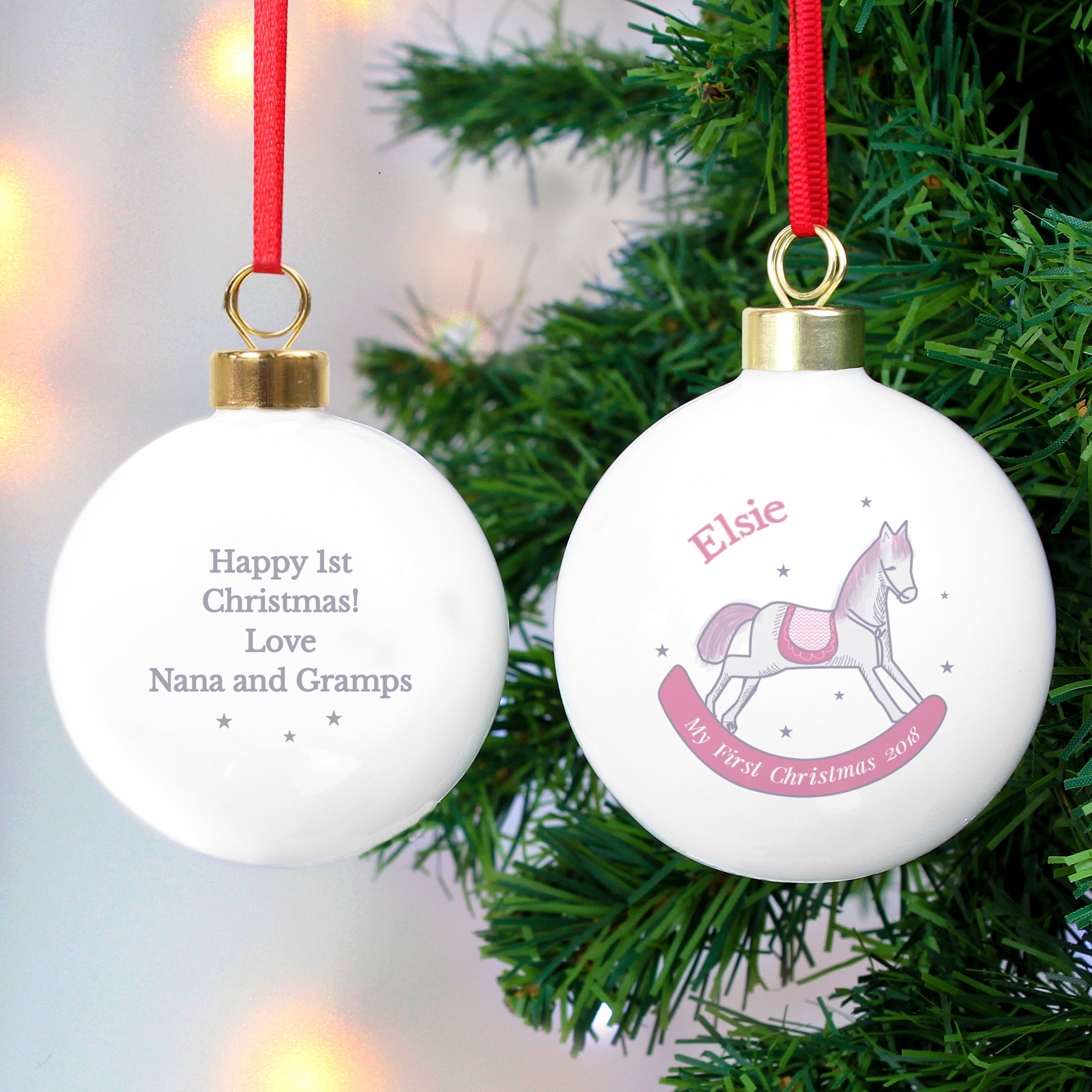 Personalised 1st Christmas Pink Rocking Horse Bauble