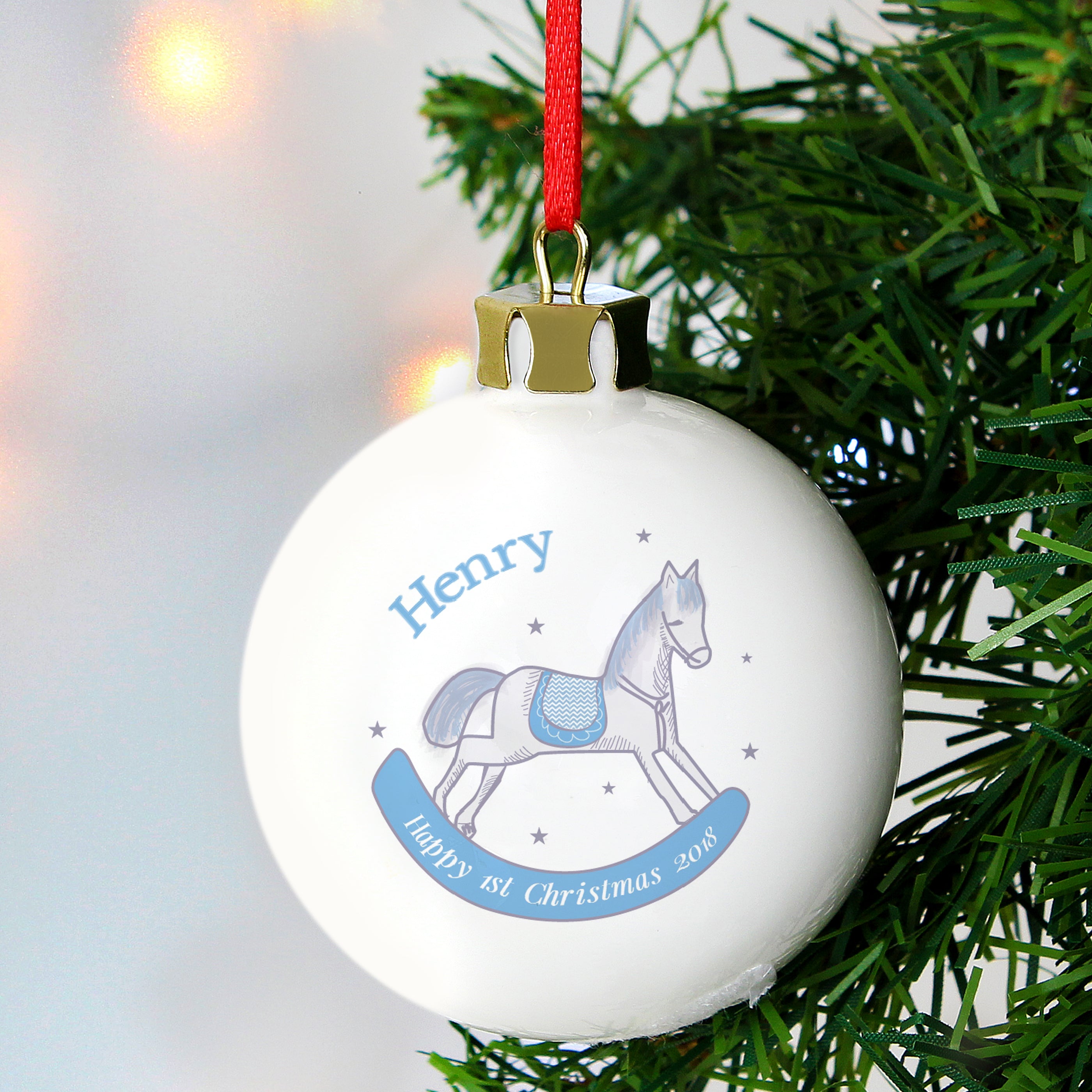 Personalised 1st Christmas Blue Rocking Horse Bauble