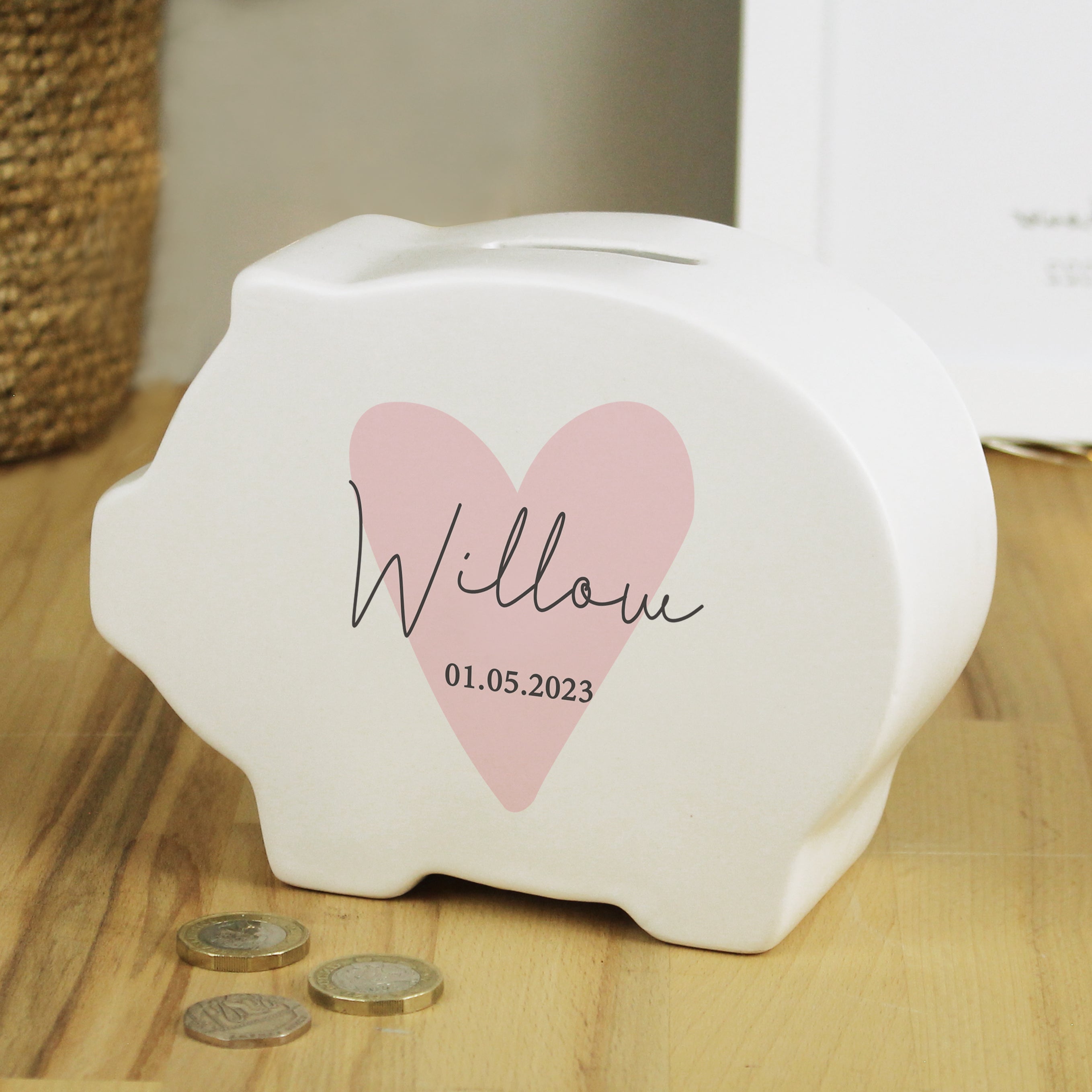 Personalised Pink Heart Piggy Bank