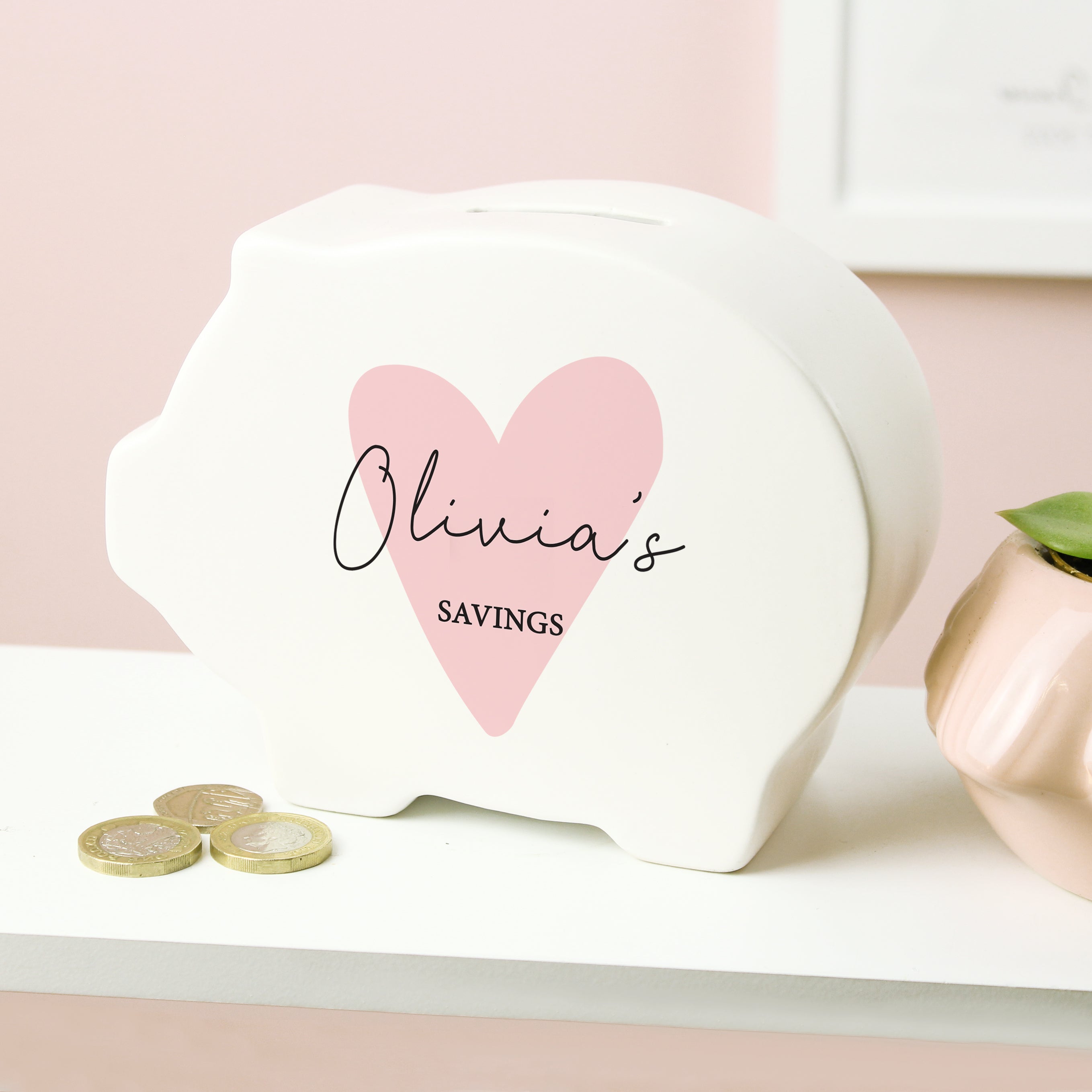 Personalised Pink Heart Piggy Bank