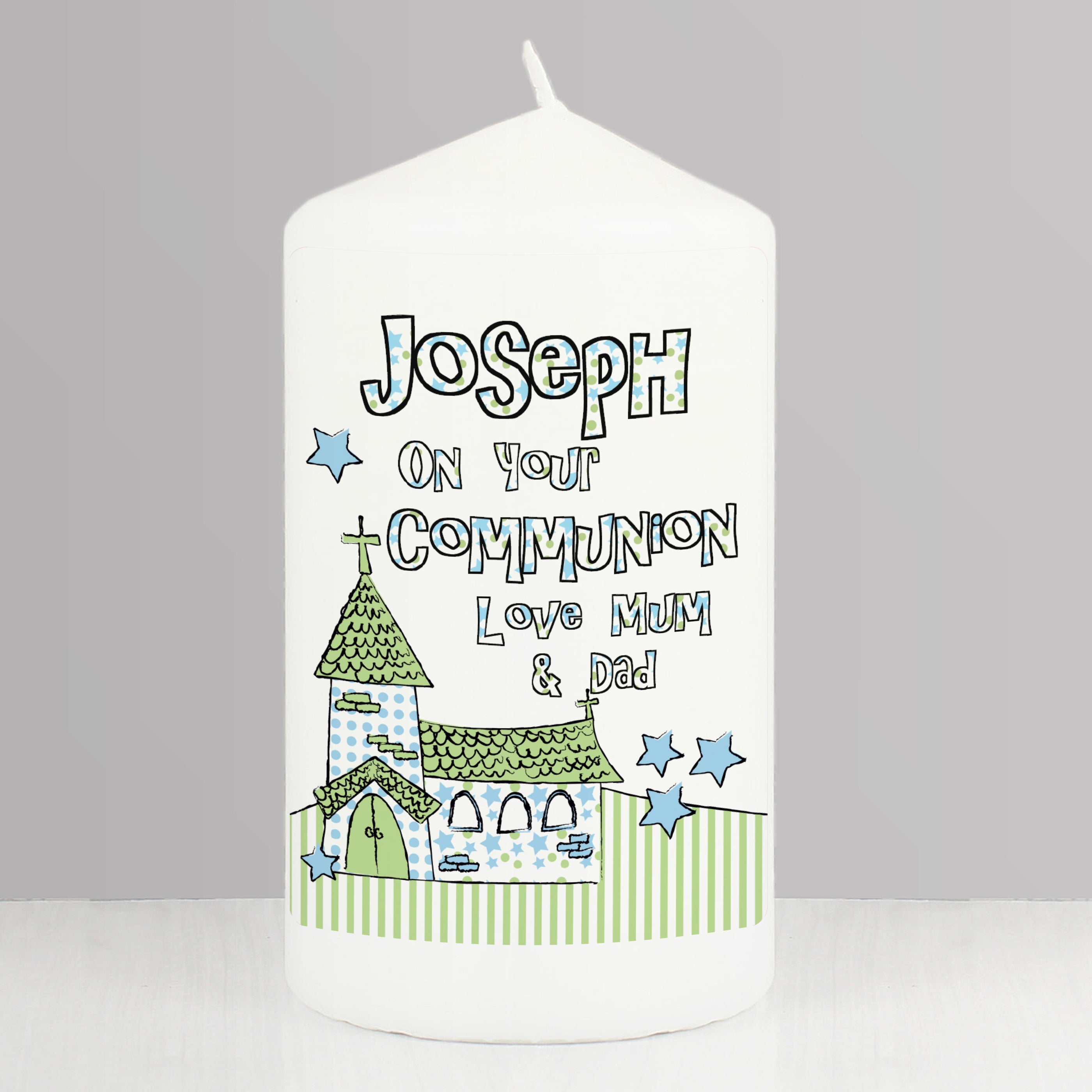 Personalised Blue Church Pillar Candle