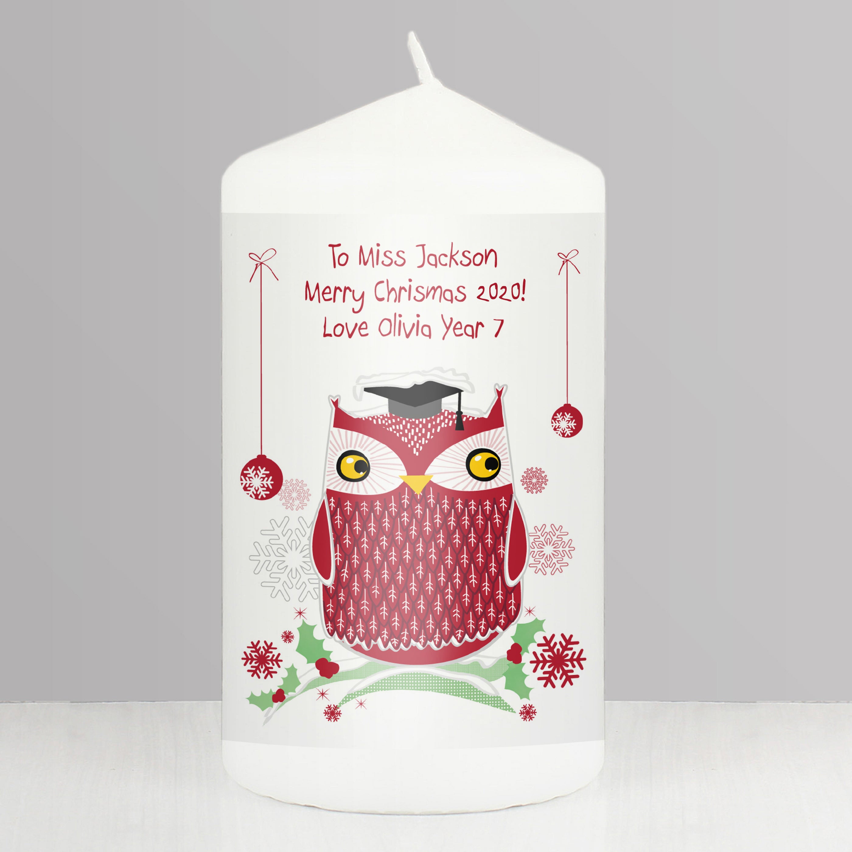 Personalised Christmas Owl Teacher Pillar Candle