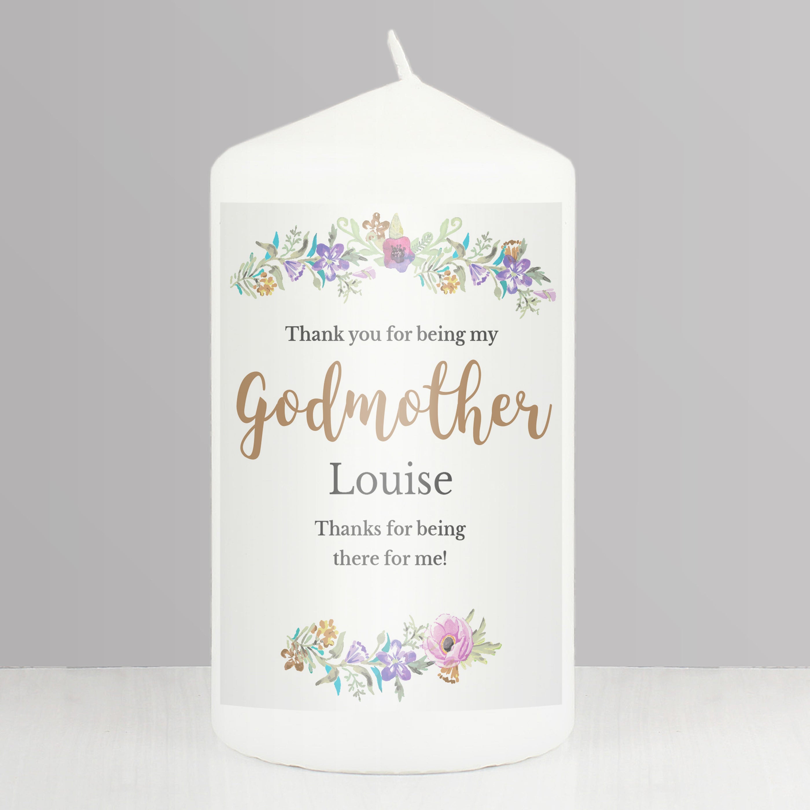 Personalised Godmother 'Floral Watercolour' Pillar Candle