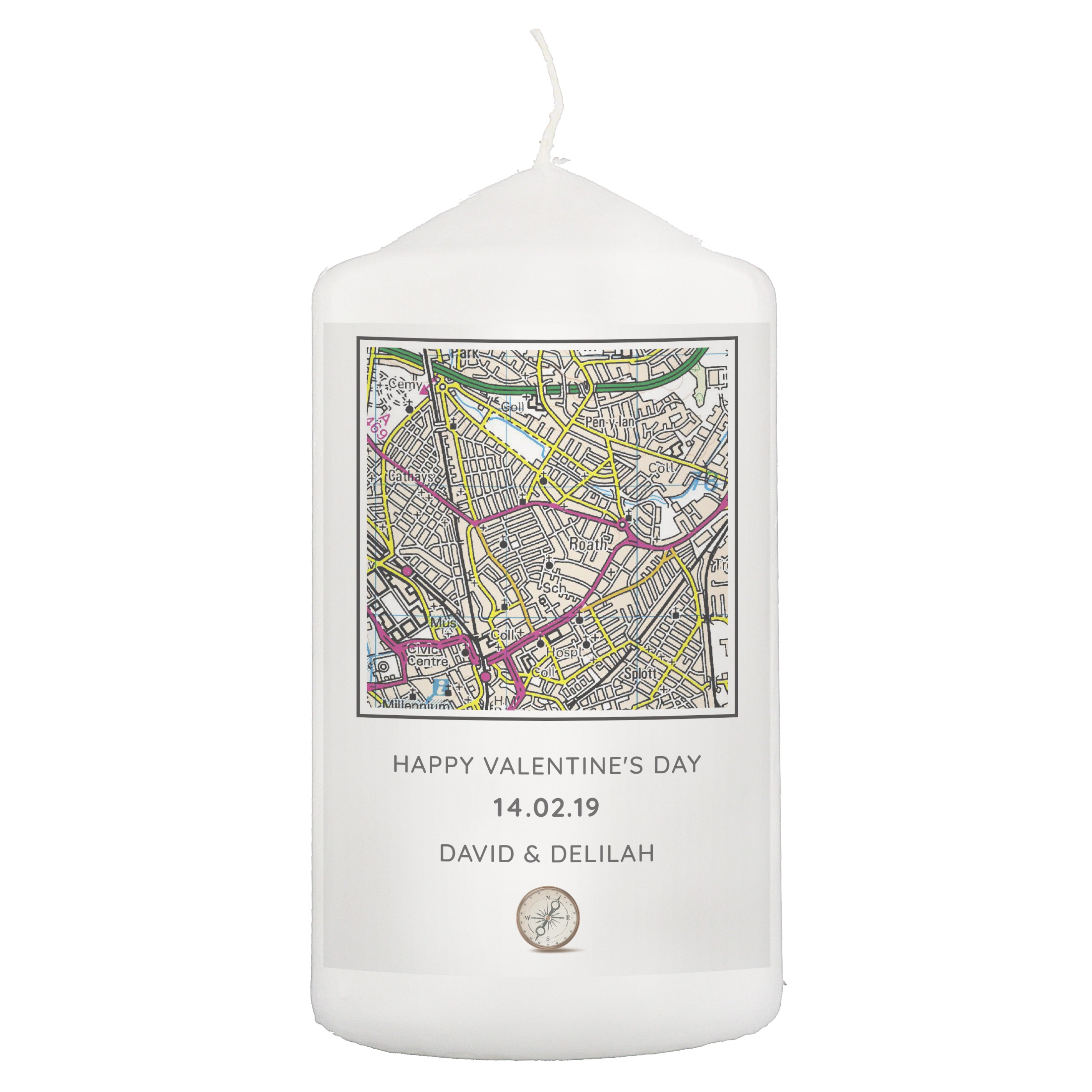 Personalised Present Day Map Compass Pillar Candle