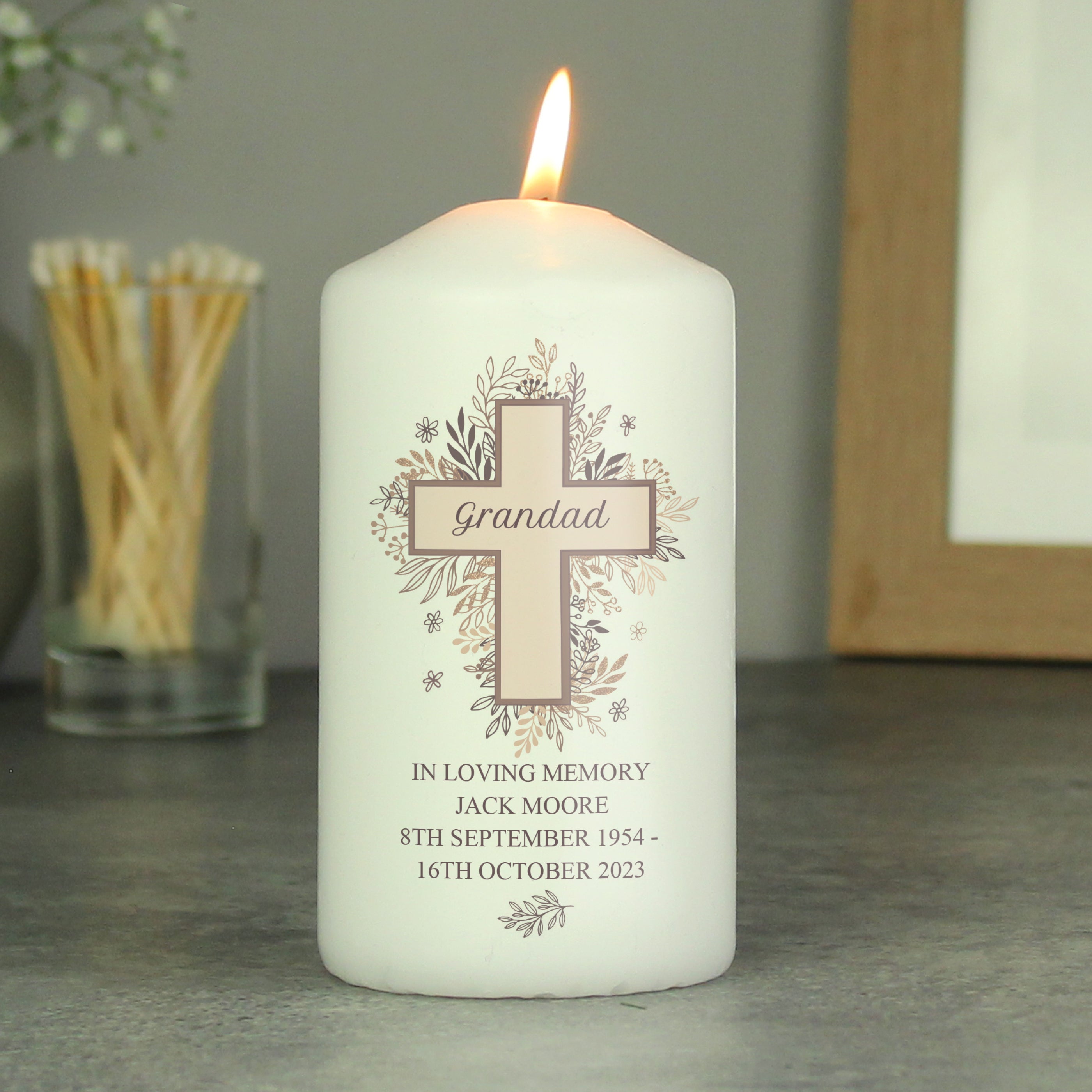 Personalised Floral Cross Pillar Candle