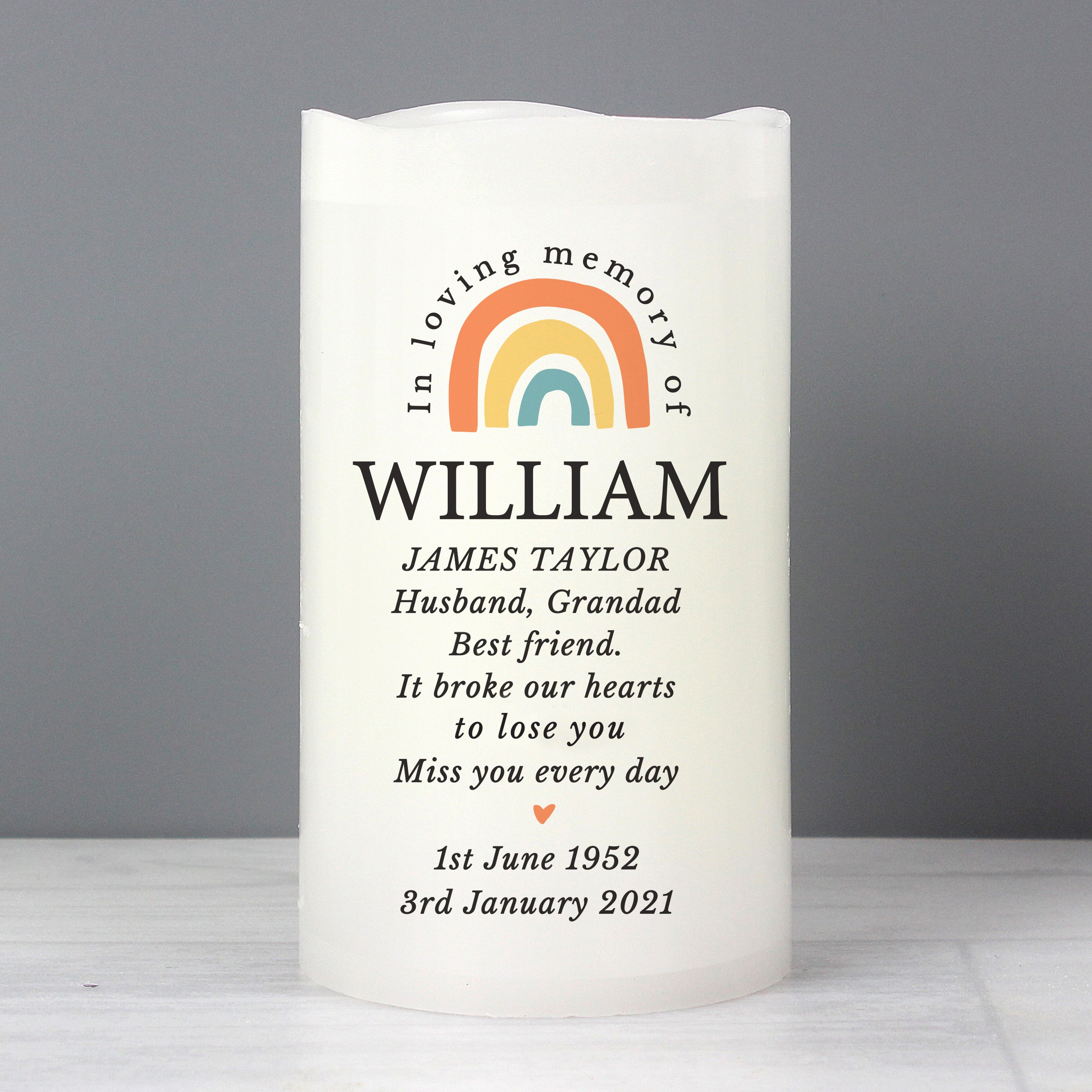 Personalised In Loving Memory Rainbow LED candle