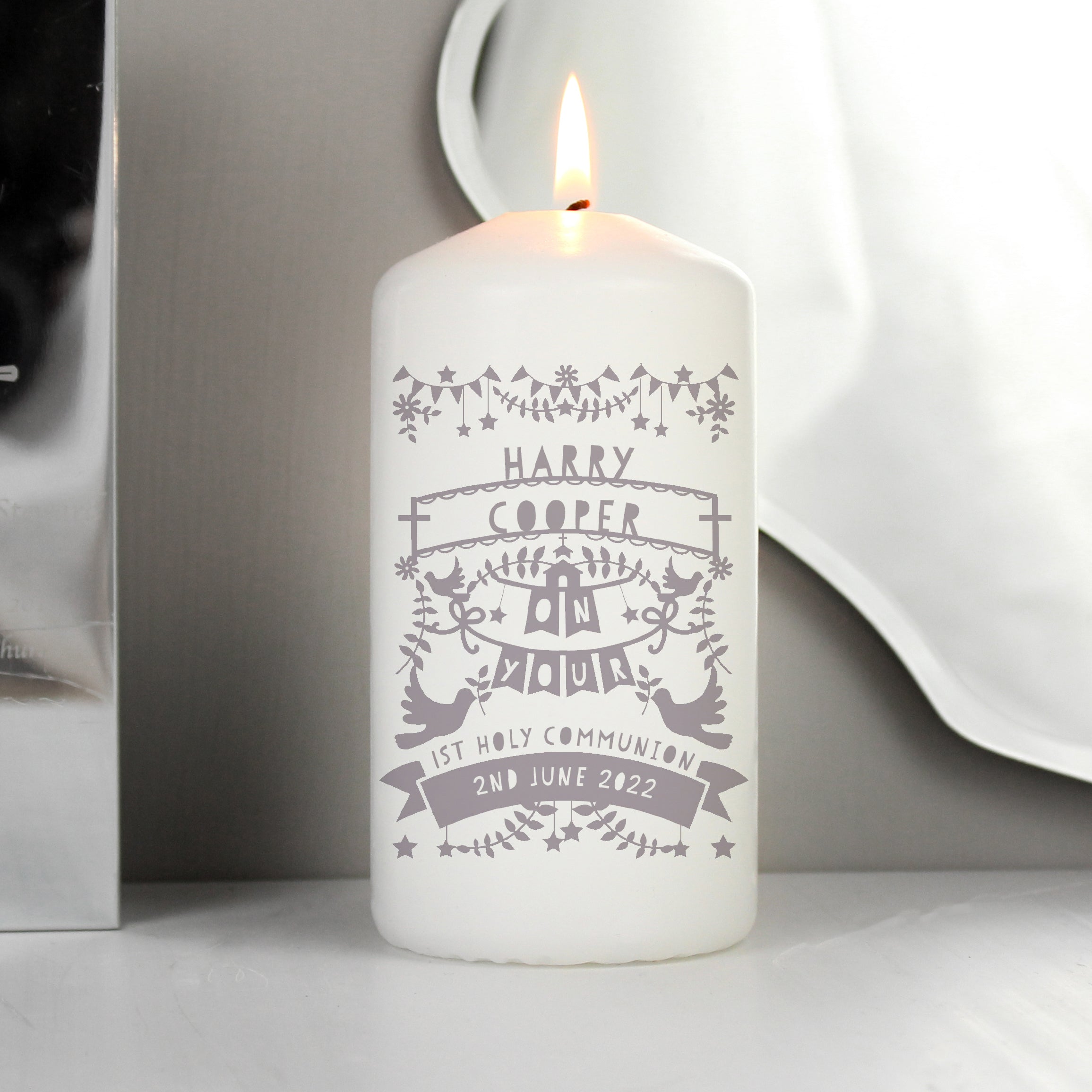 Personalised Grey Papercut Style Pillar Candle