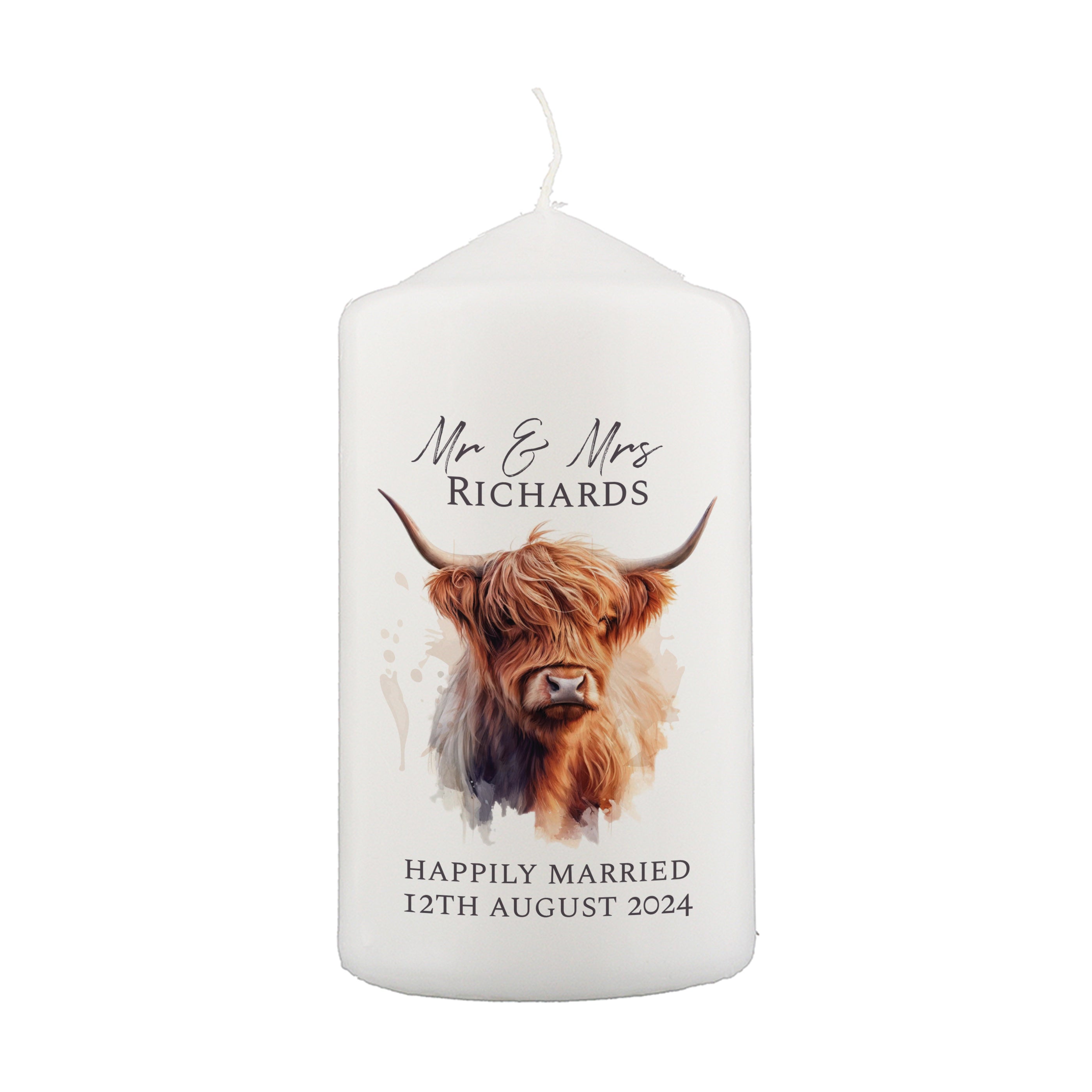 Personalised Highland Cow Pillar Candle