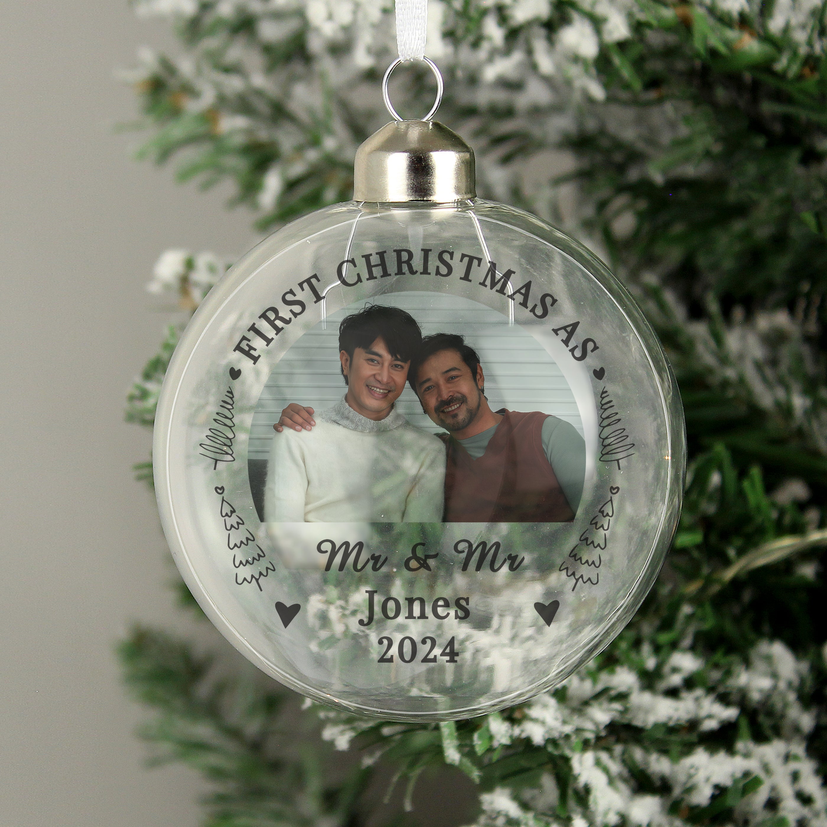 Personalised First Married Christmas Photo Upload Glass Bauble