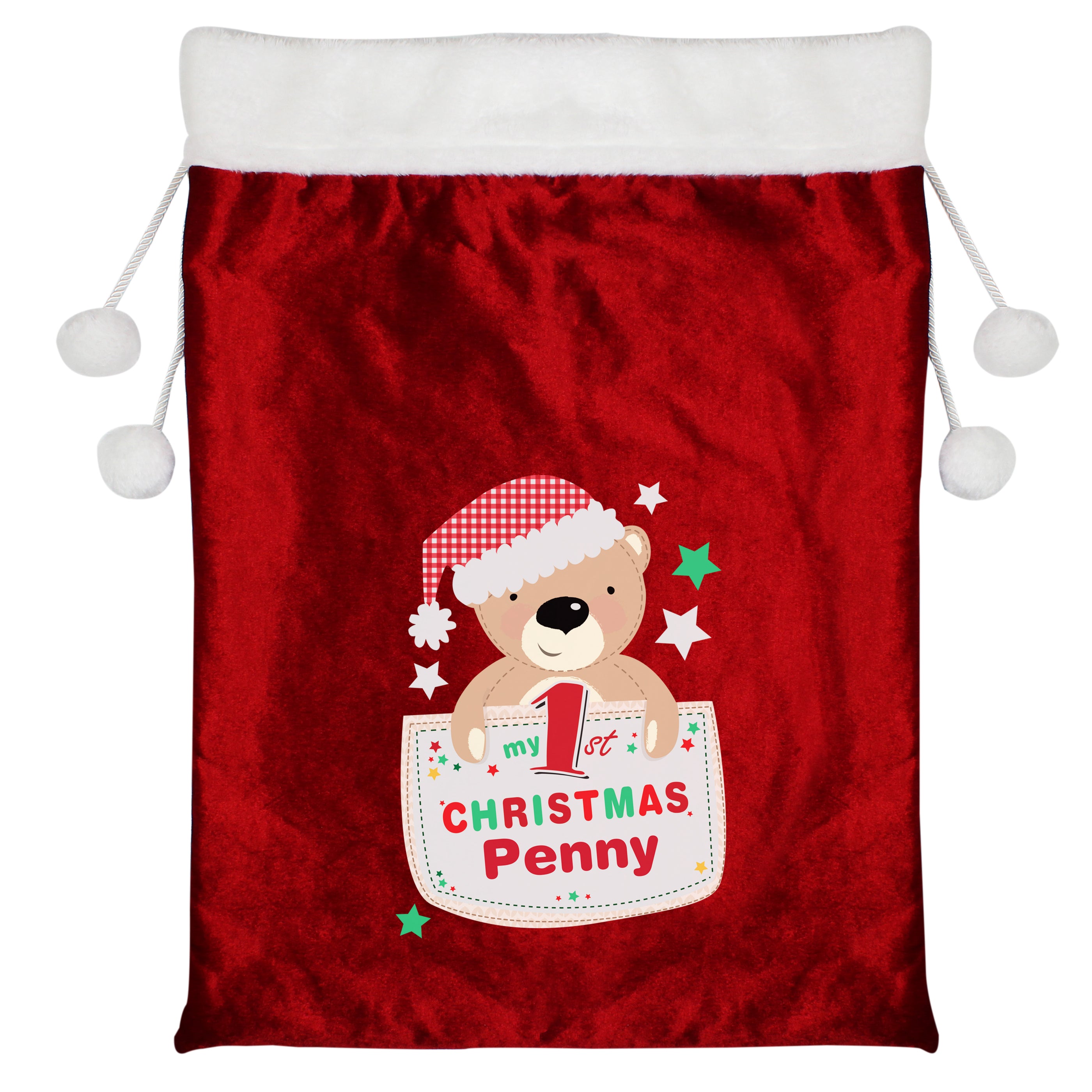 Personalised Pocket Teddy My 1st Christmas Luxury Pom Pom Red Sack