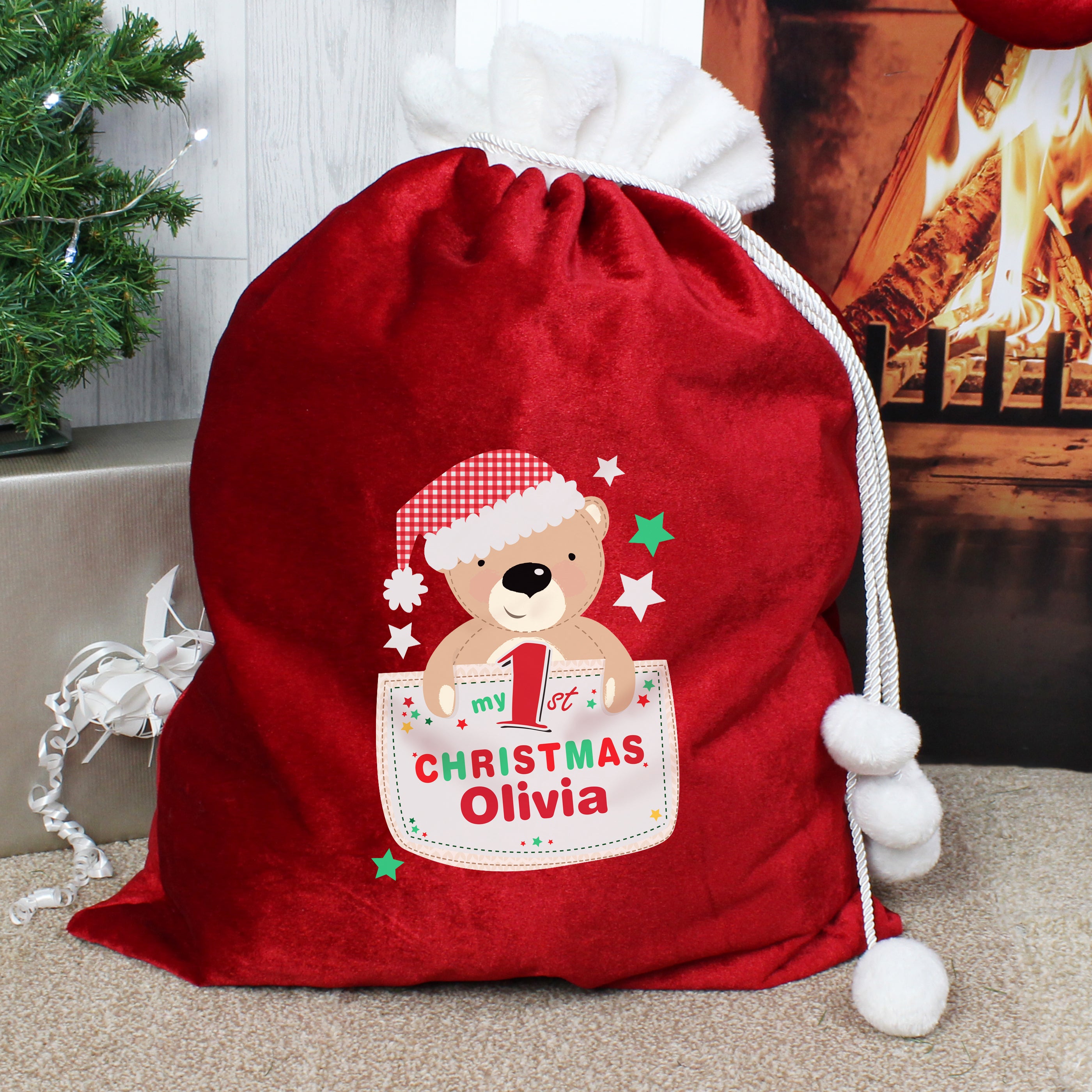 Personalised Pocket Teddy My 1st Christmas Luxury Pom Pom Red Sack