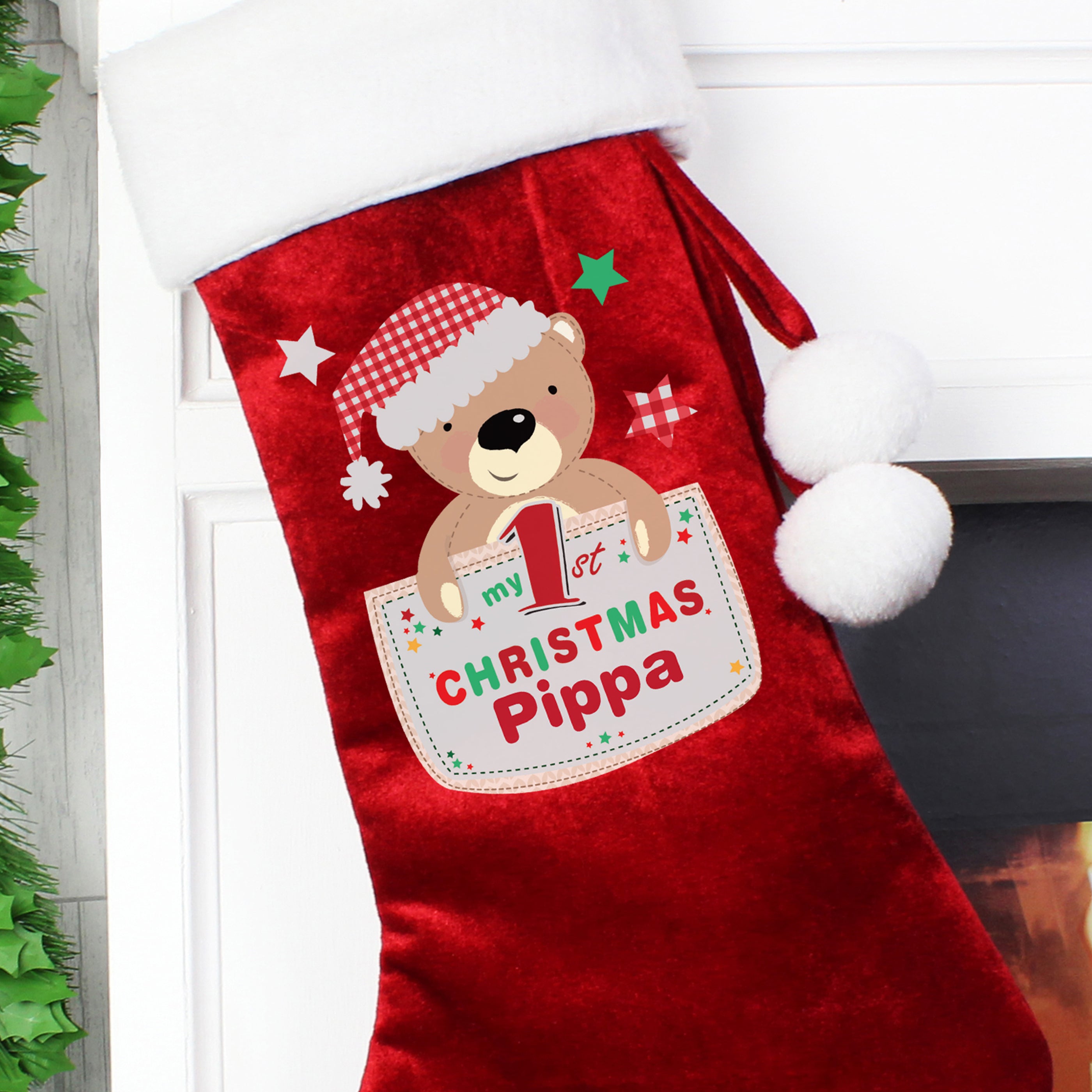 Personalised Pocket Teddy My 1st Christmas Luxury Red Stocking