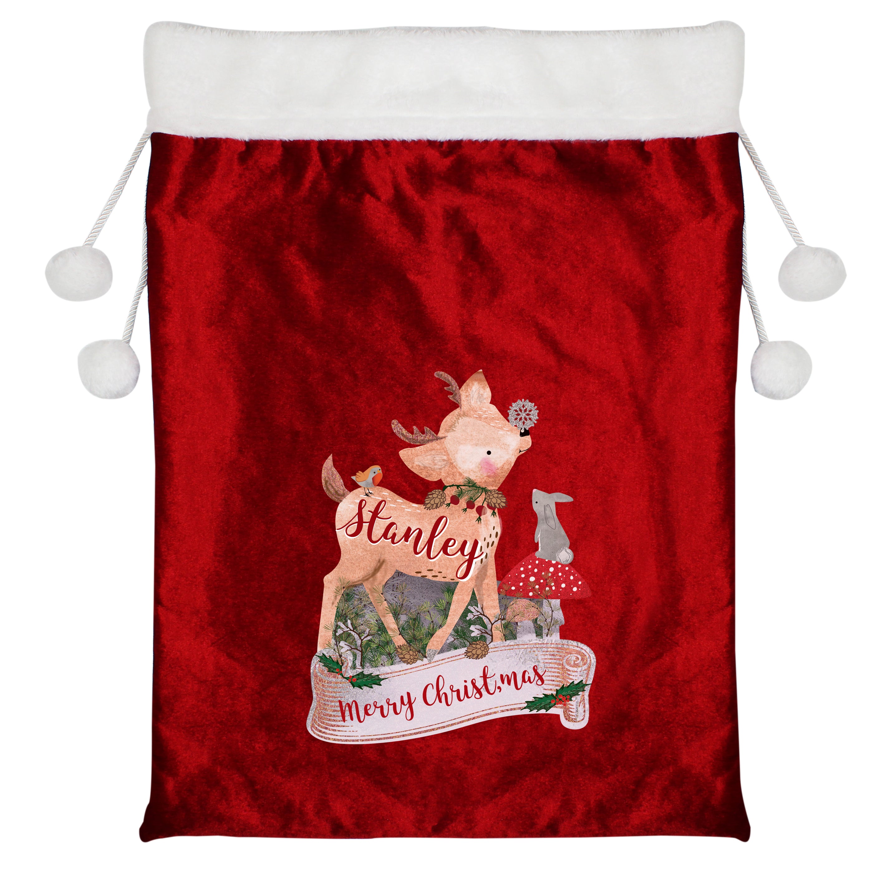 Personalised Festive Fawn Luxury Pom Pom Red Sack