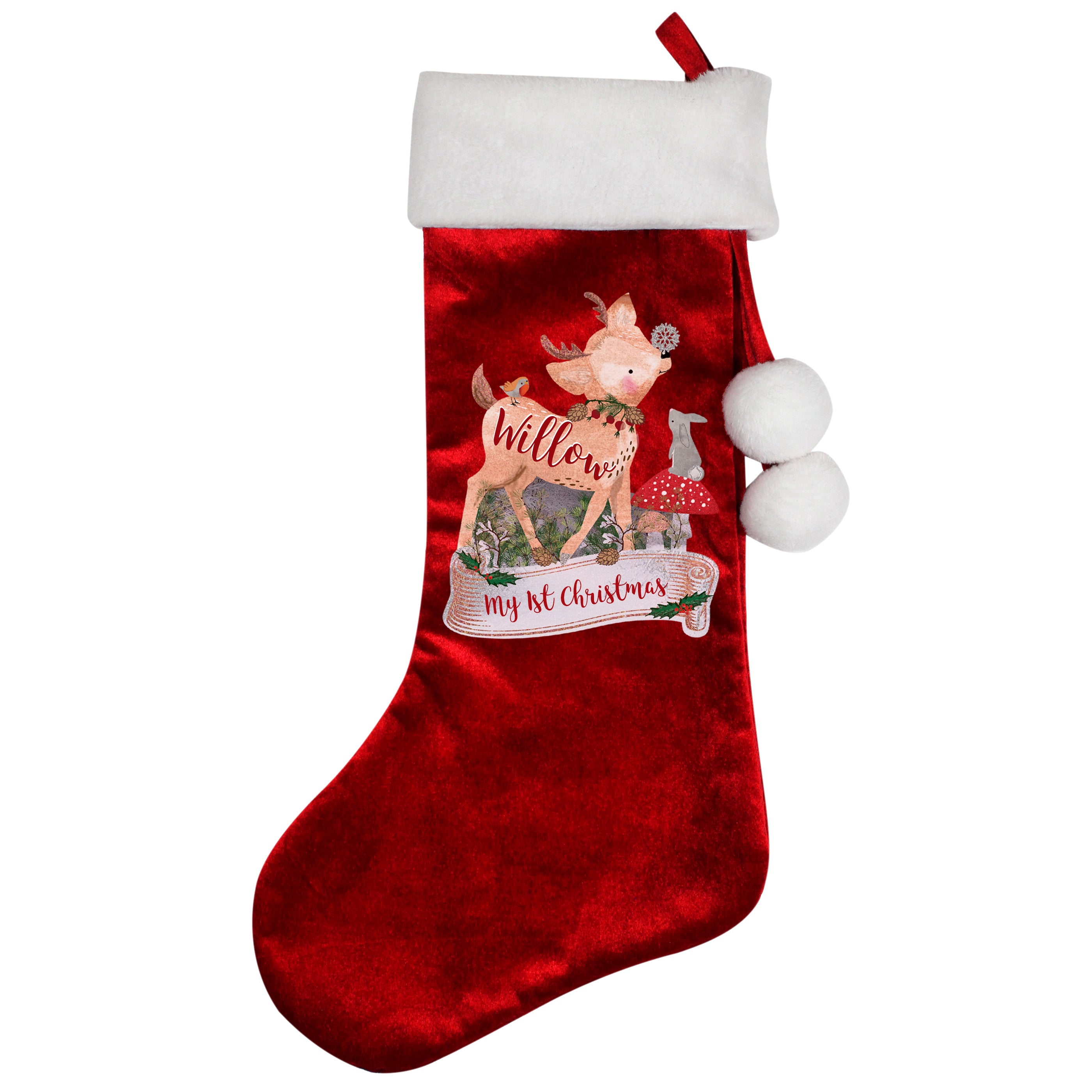 Personalised Festive Fawn Luxury Red Stocking