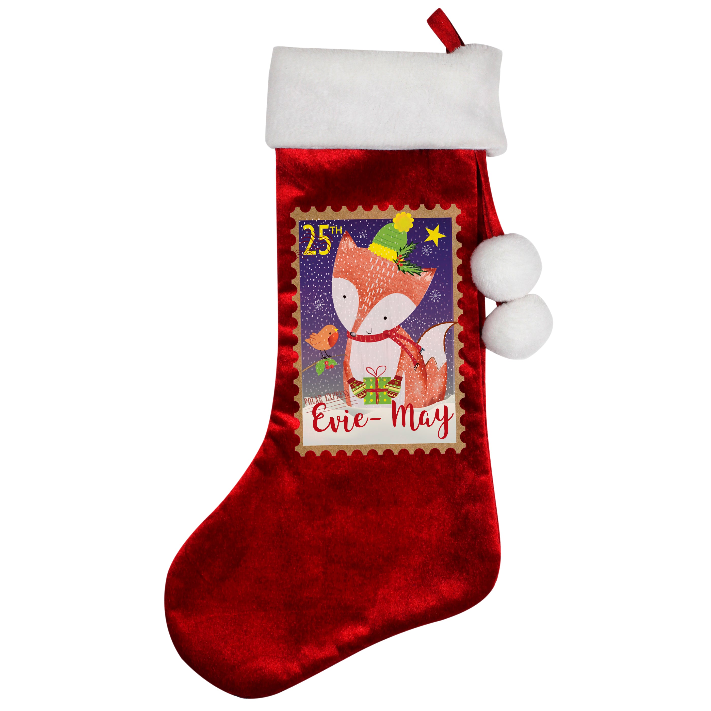 Personalised Festive Fox Luxury Red Stocking