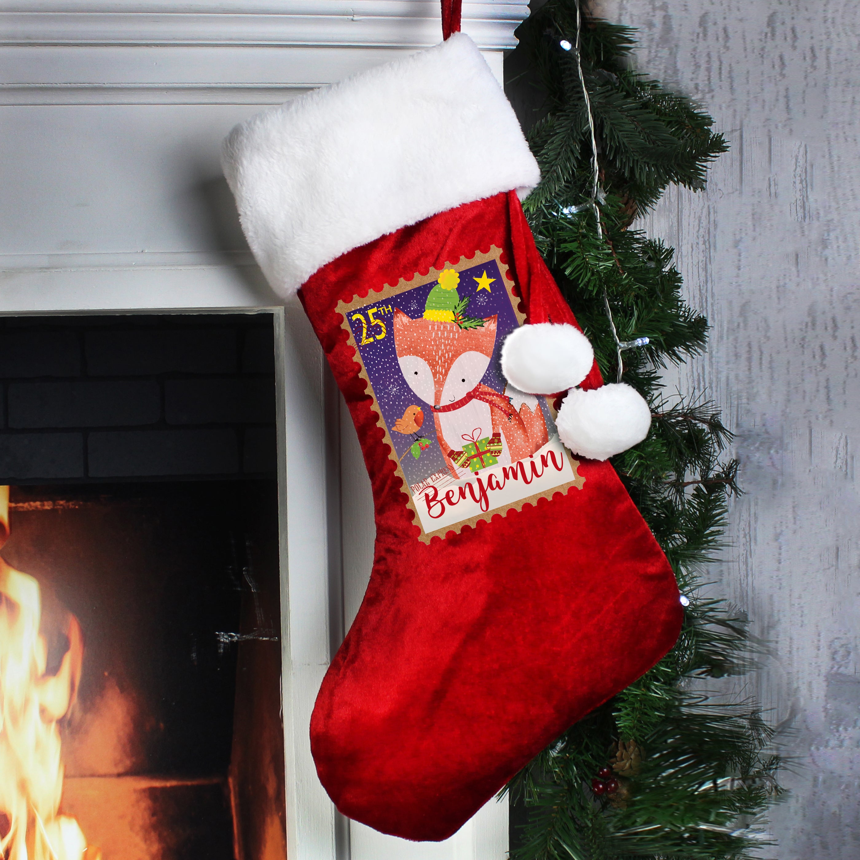 Personalised Festive Fox Luxury Red Stocking