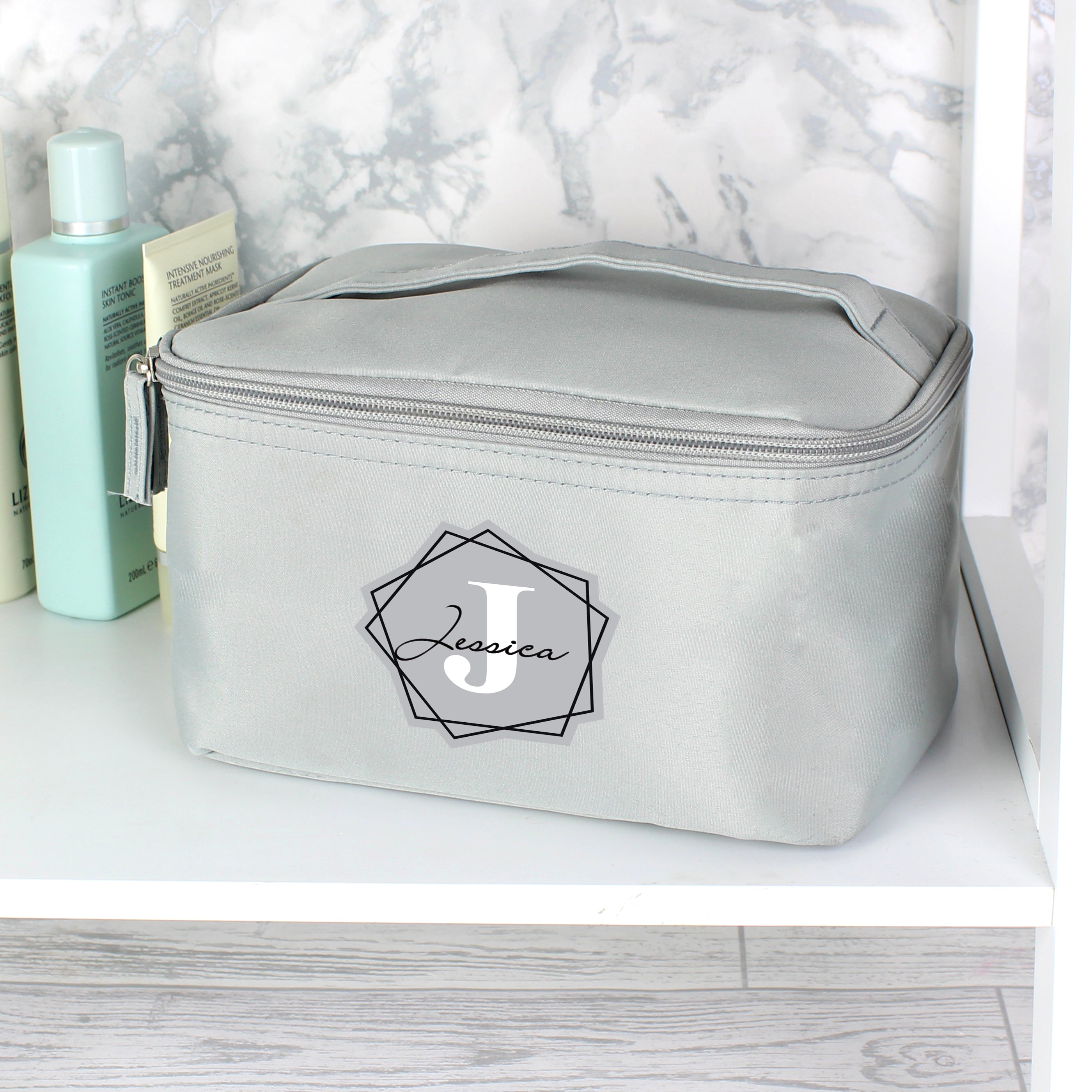 Personalised Geometric Initial Grey Toiletry Bag