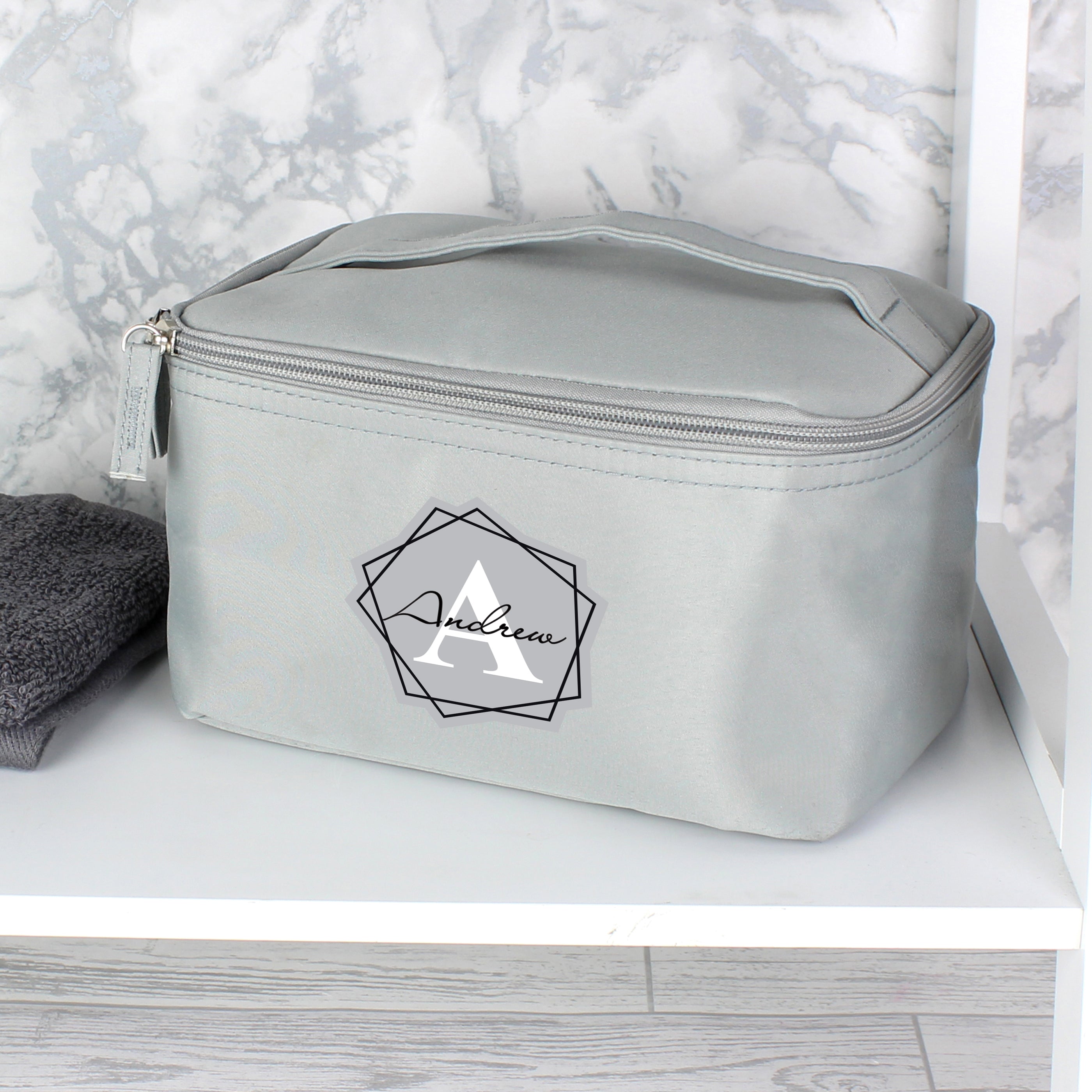 Personalised Geometric Initial Grey Toiletry Bag