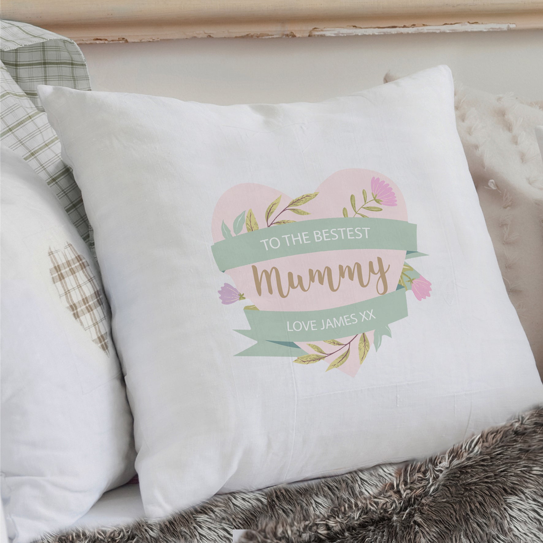 Personalised Floral Heart Mothers Day Cream Cushion