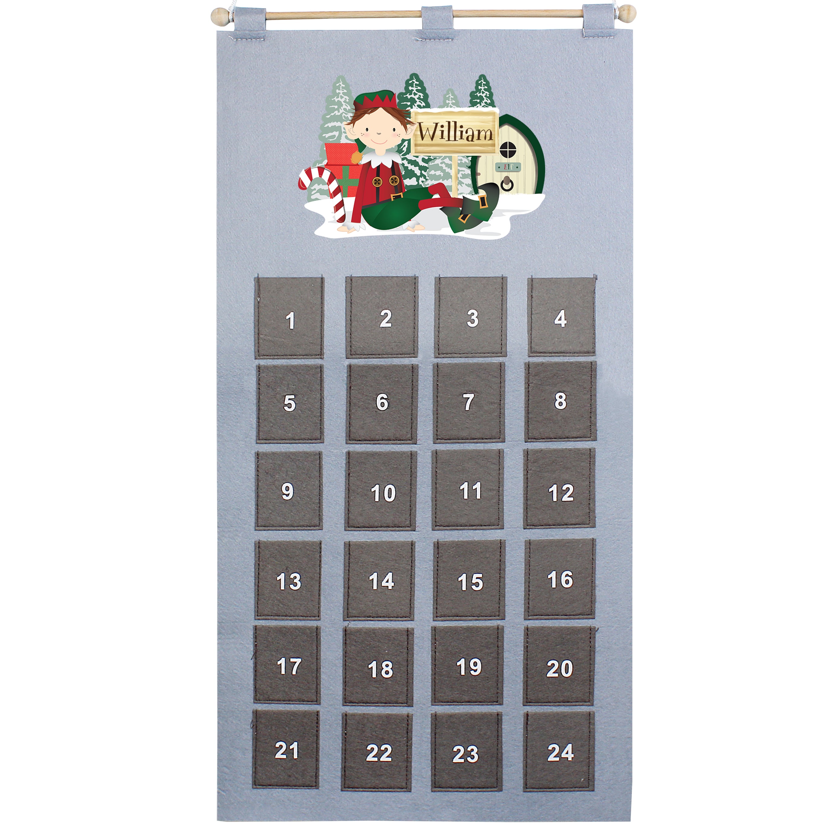 Personalised Elf Advent Calendar In Silver Grey