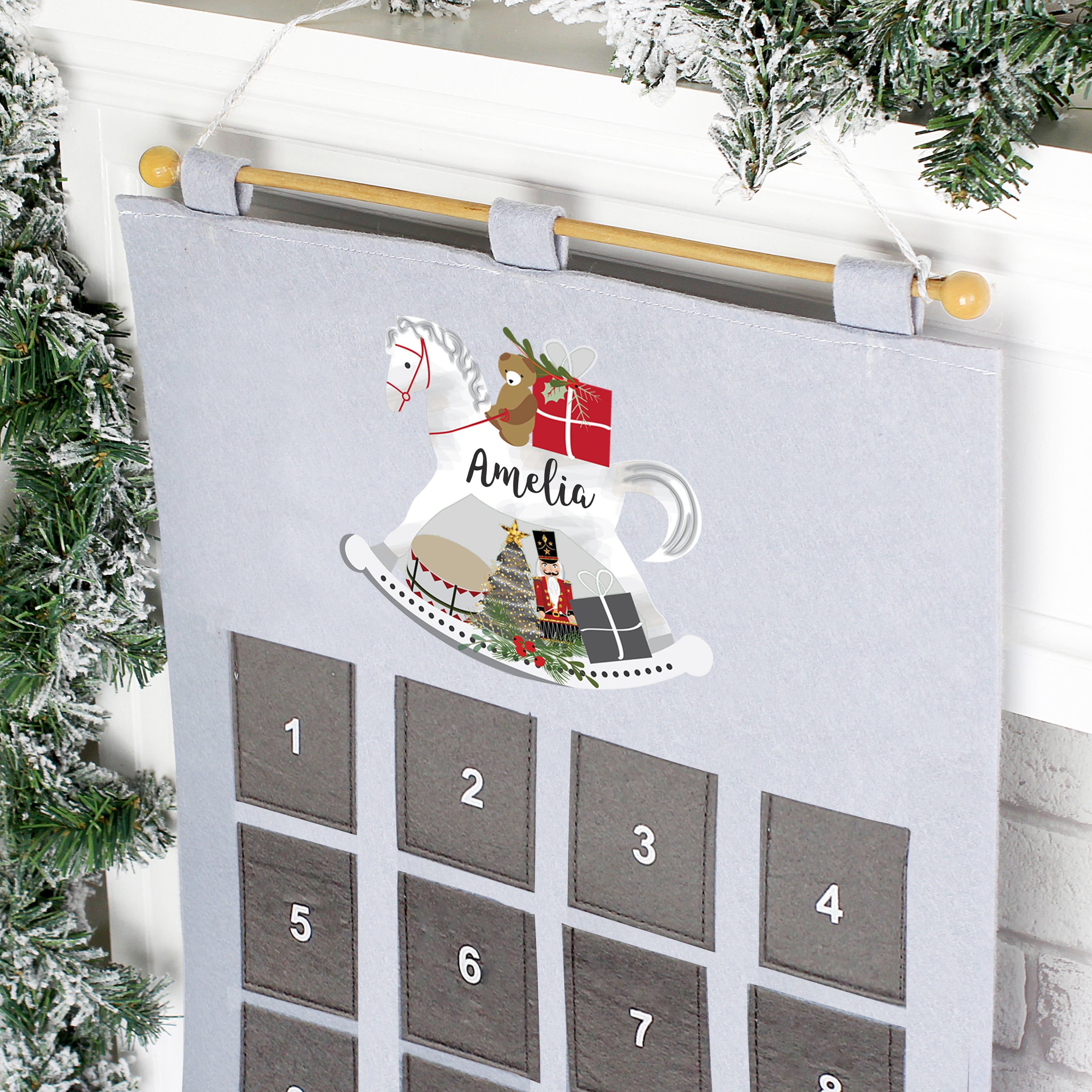 Personalised Rocking Horse Advent Calendar In Silver Grey