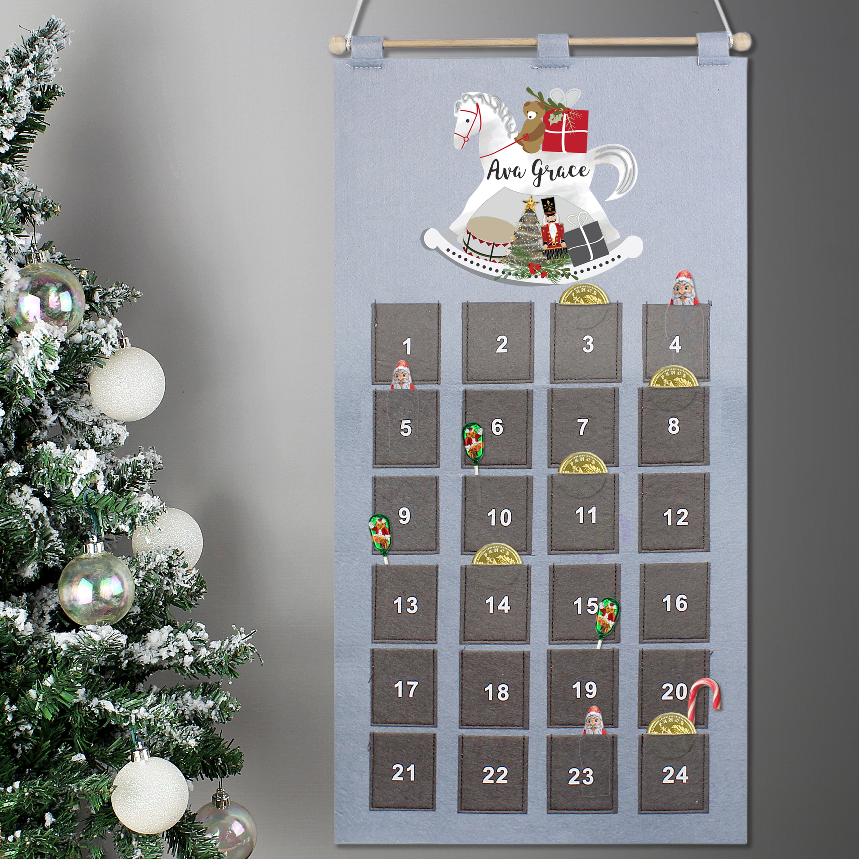 Personalised Rocking Horse Advent Calendar In Silver Grey