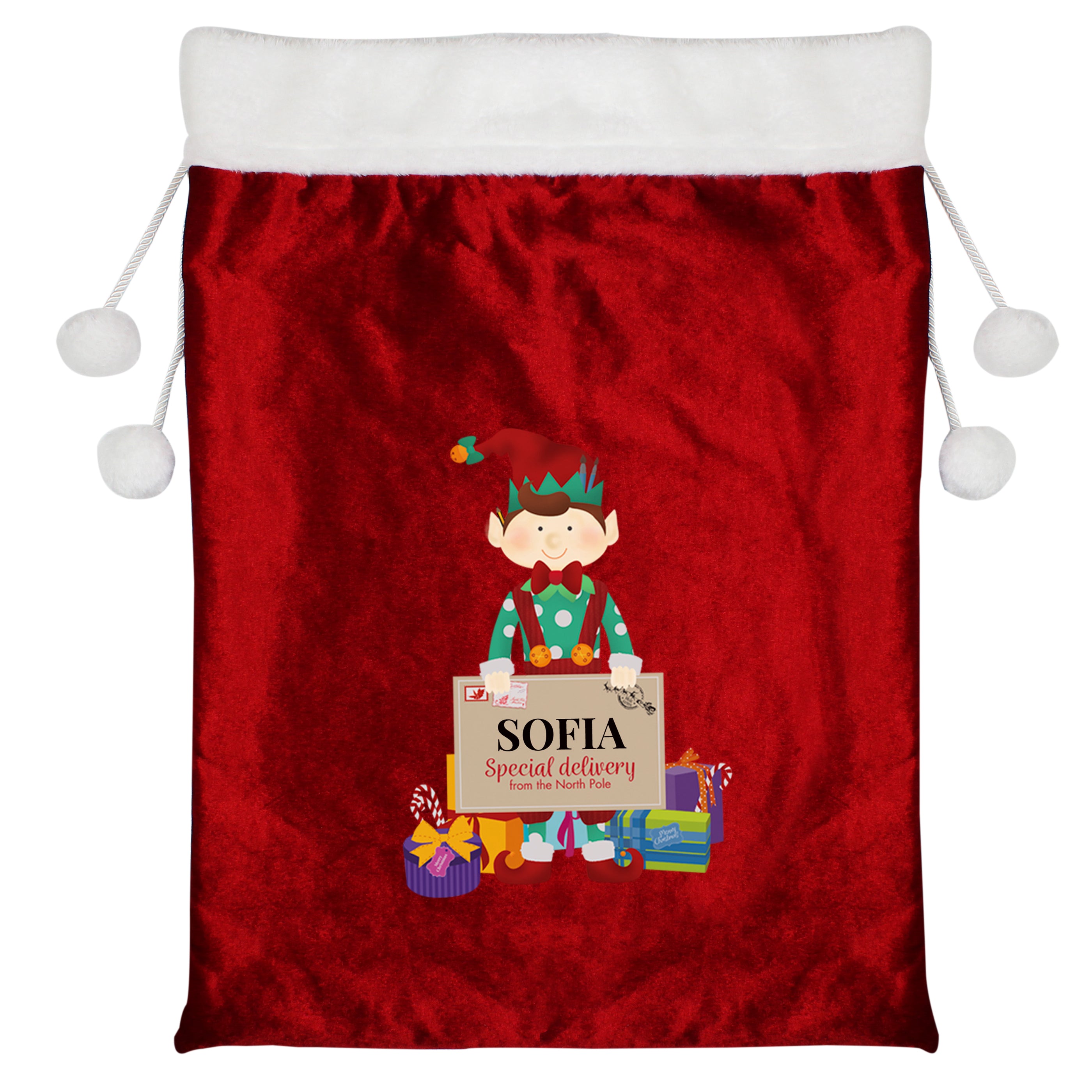 Personalised Christmas Elf Luxury Pom Pom Red Sack