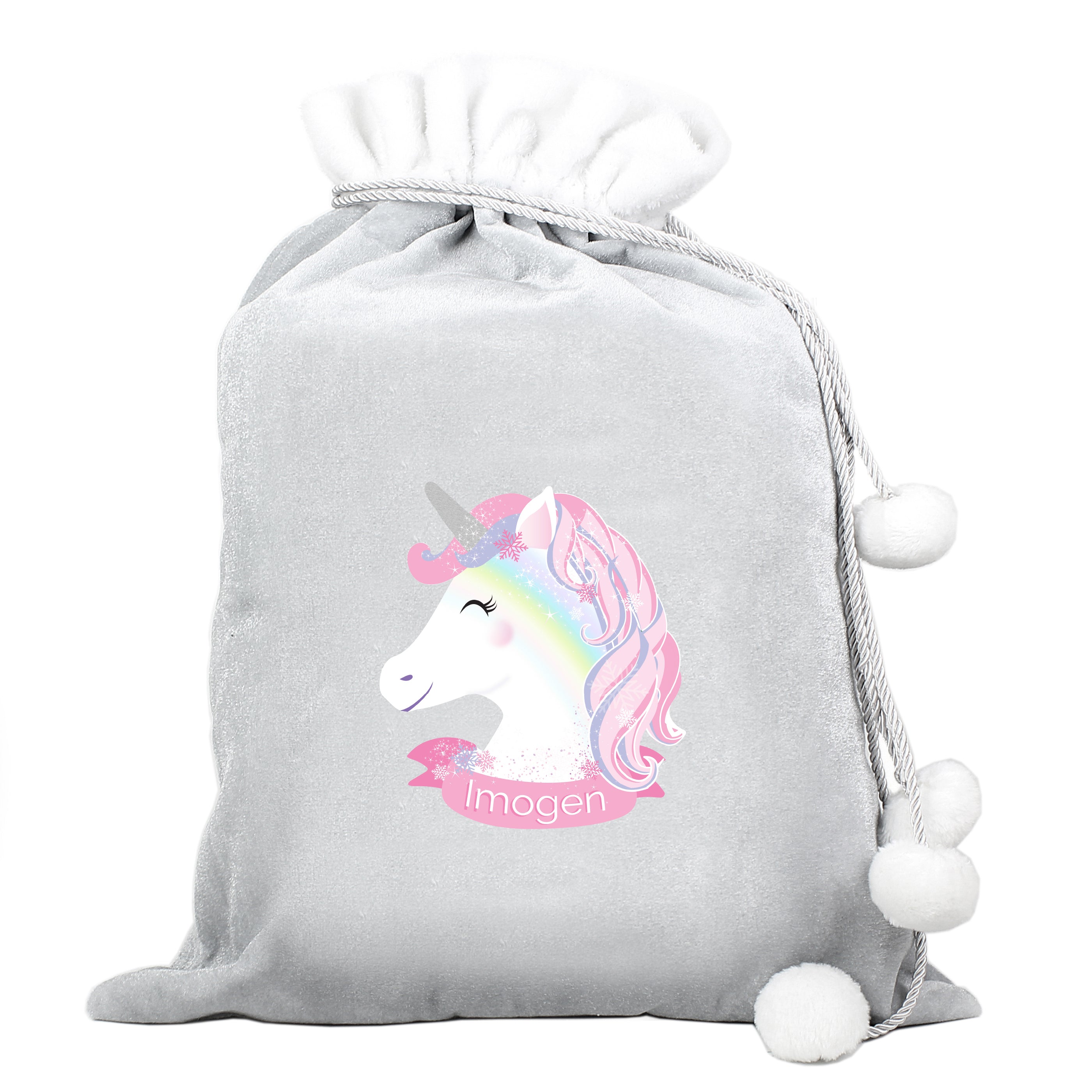 Personalised Christmas Unicorn Luxury Silver Grey Pom Pom Sack