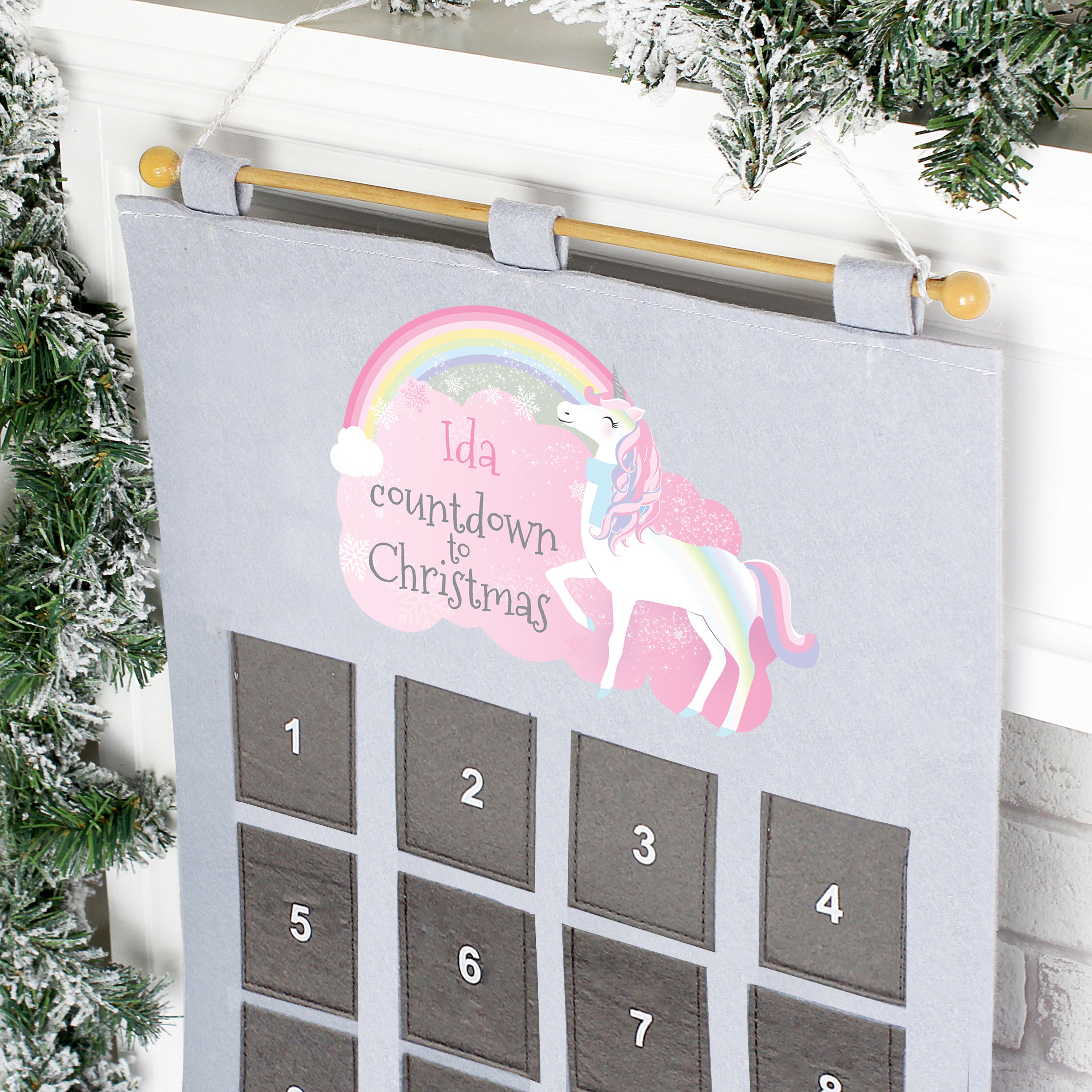 Personalised Christmas Unicorn Advent Calendar In Silver Grey