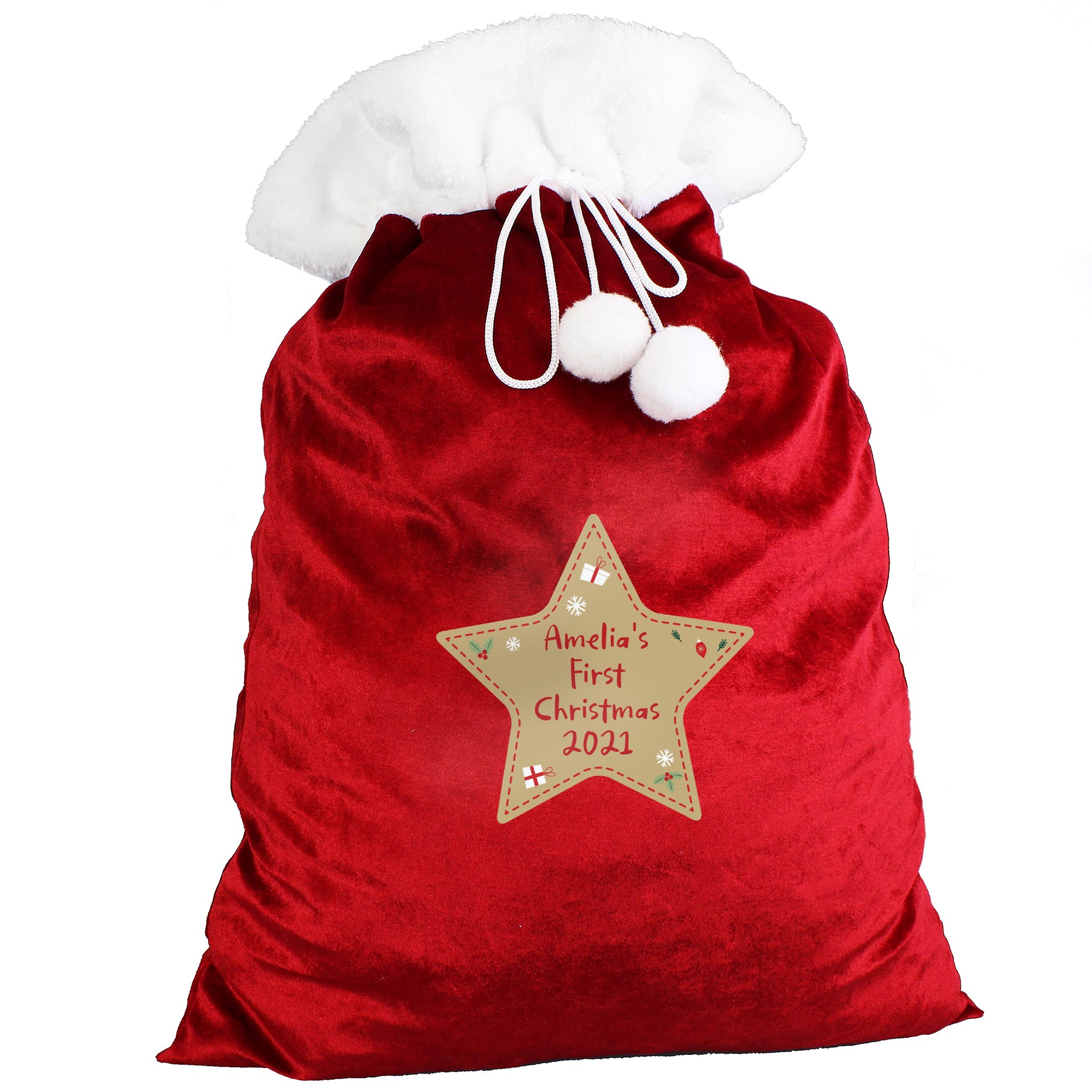 Personalised Free Text Star Luxury Pom Pom Red Sack