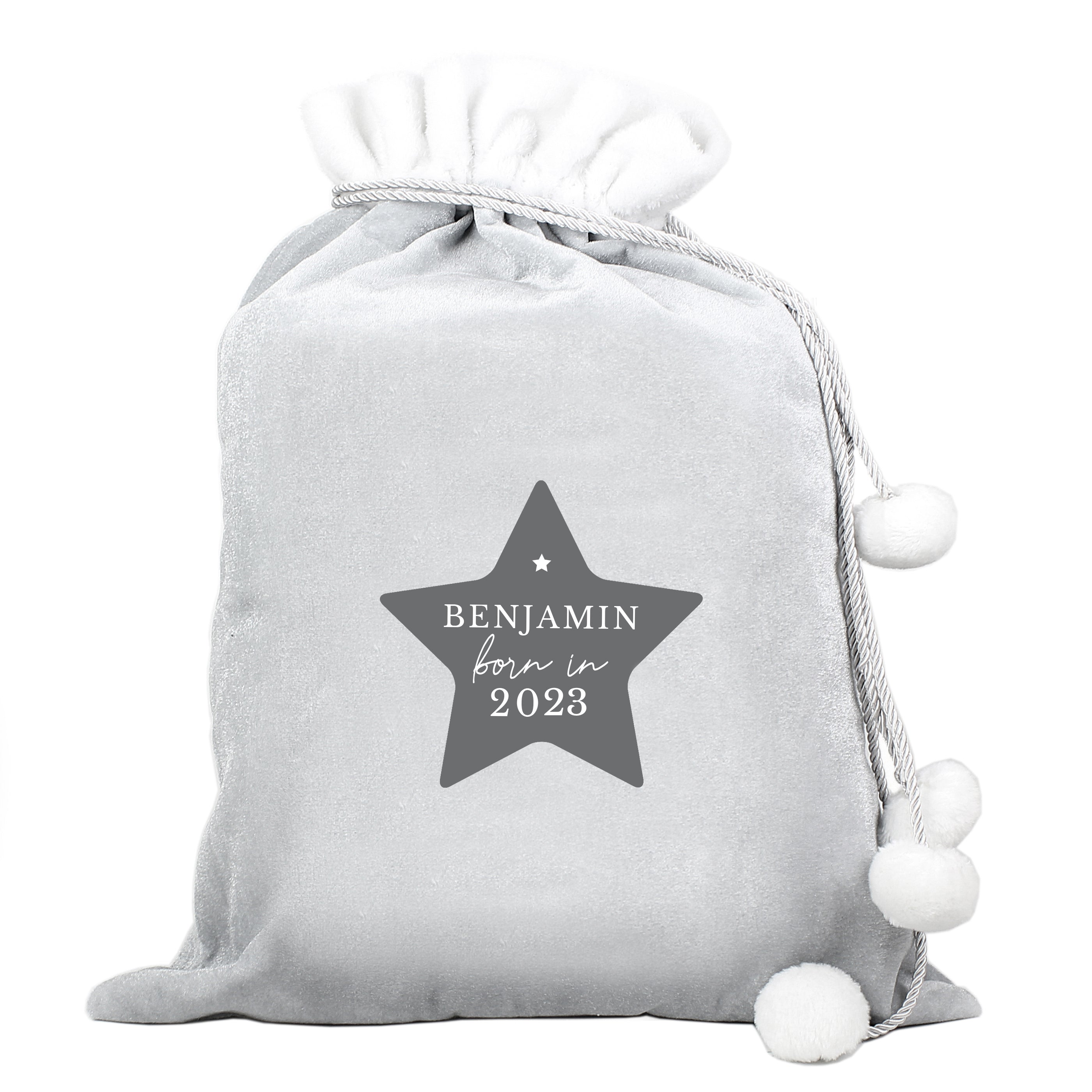 Personalised Born In Luxury Silver Grey Pom Pom Sack