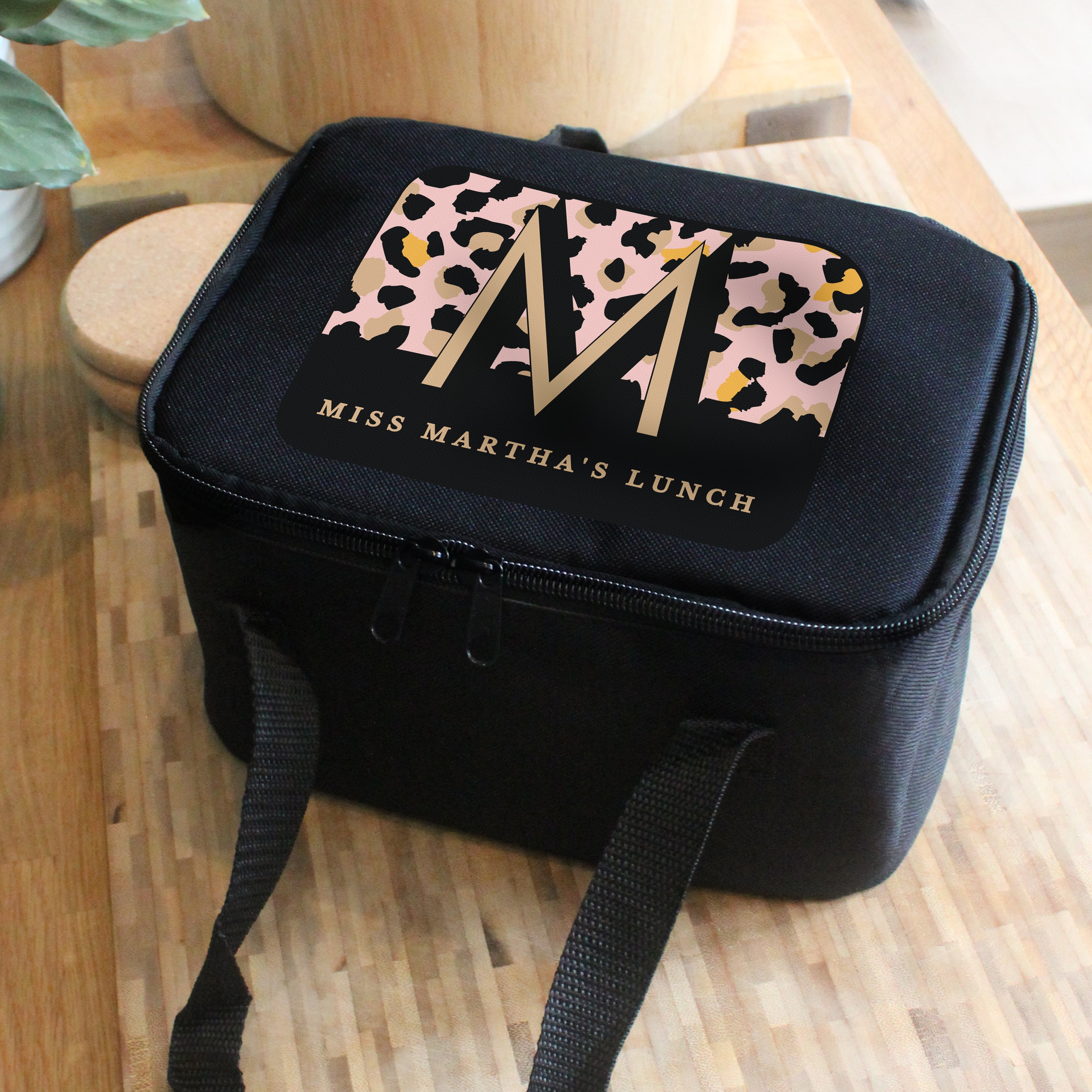 Personalised Leopard Print Black Lunch Bag