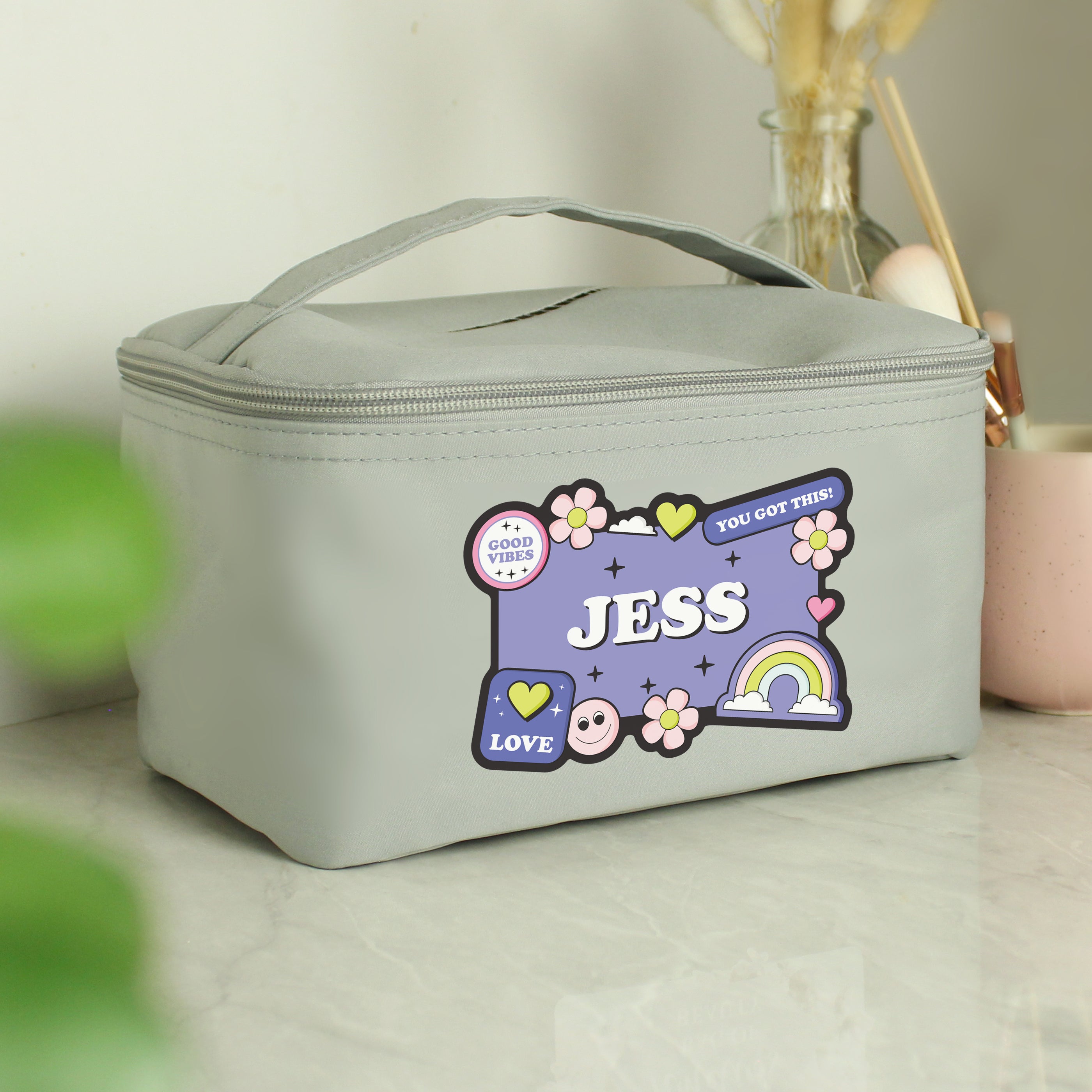 Personalised Good Vibes Grey Toiletry Bag