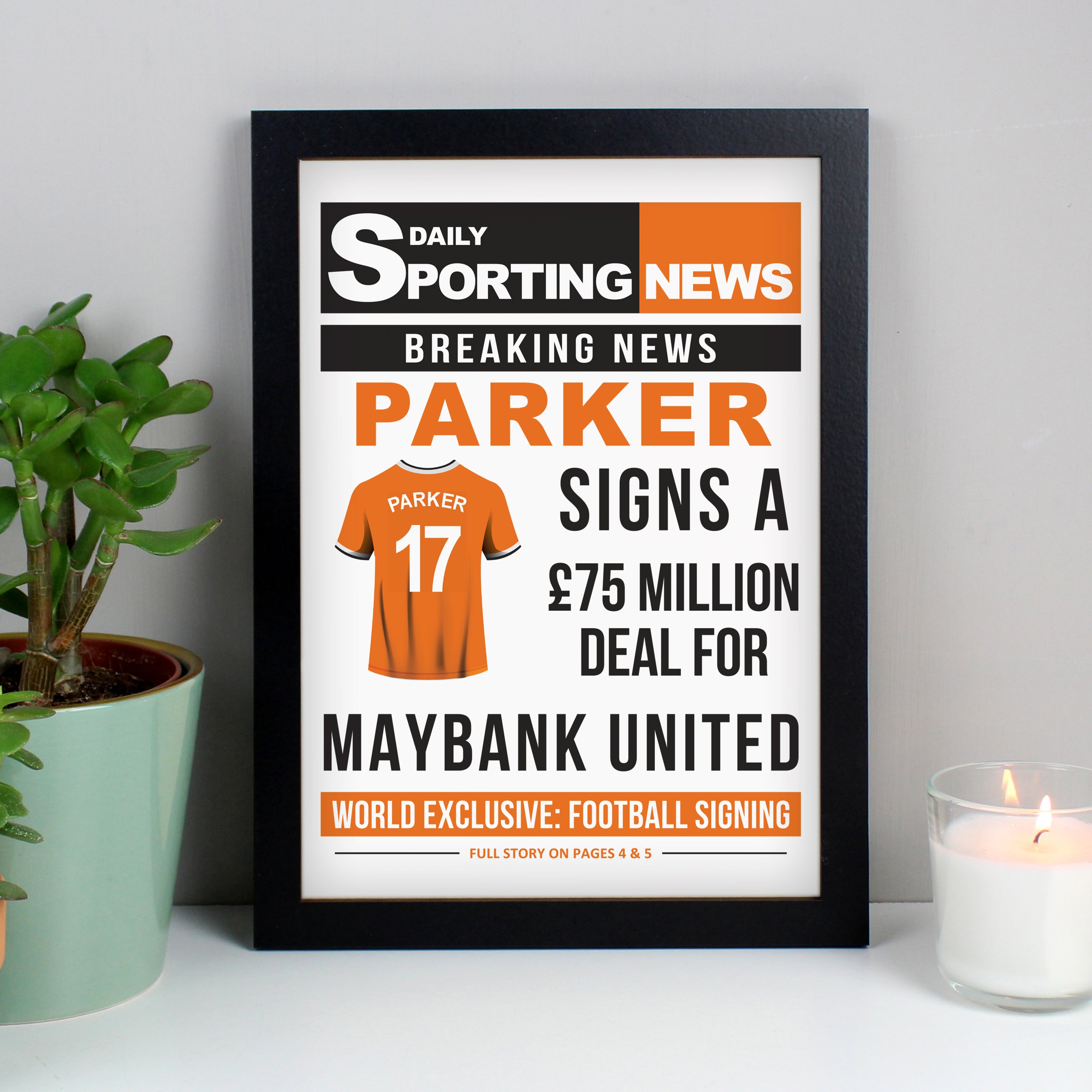 Personalised Football Signing Newspaper A4 Black Framed Print