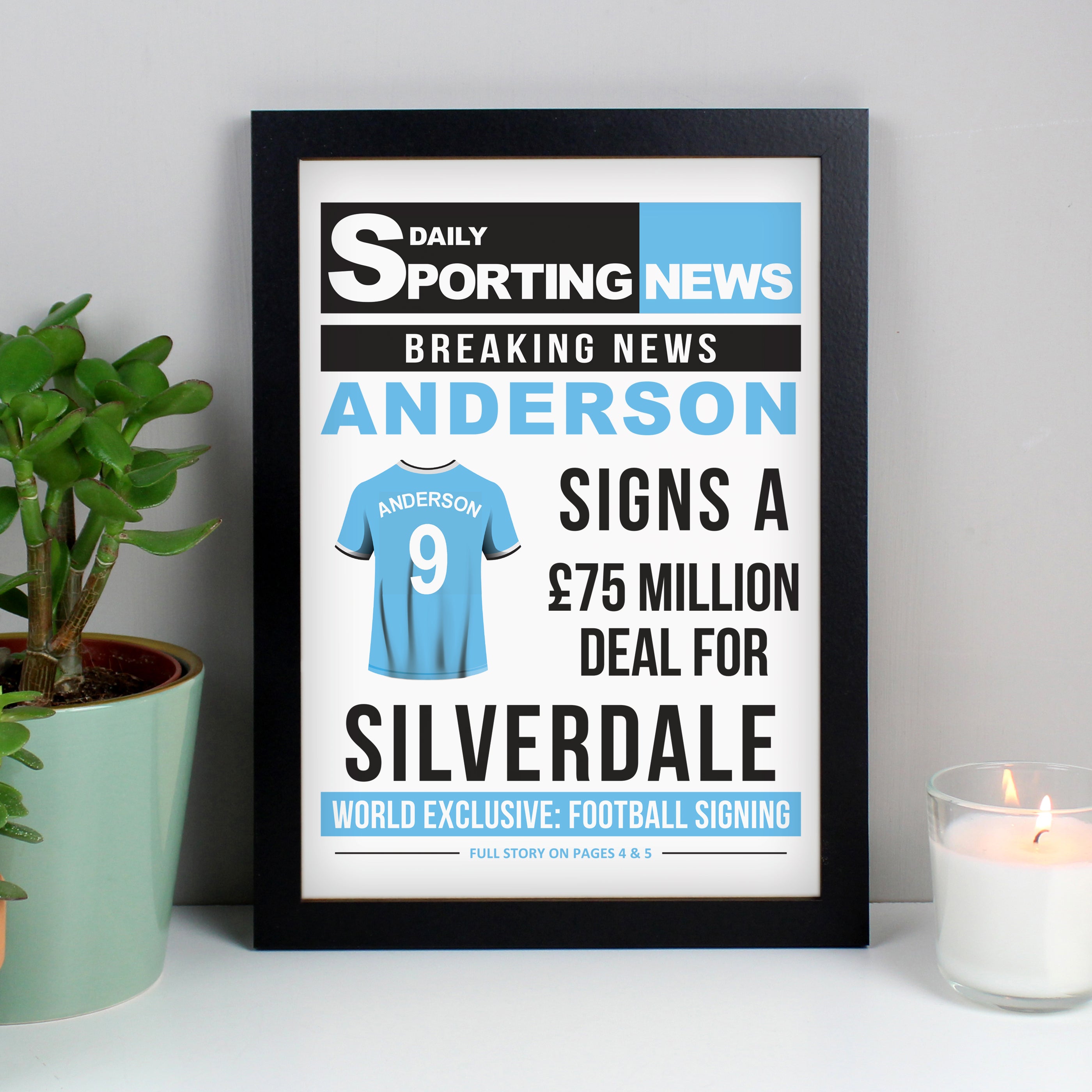 Personalised Football Signing Newspaper A4 Black Framed Print